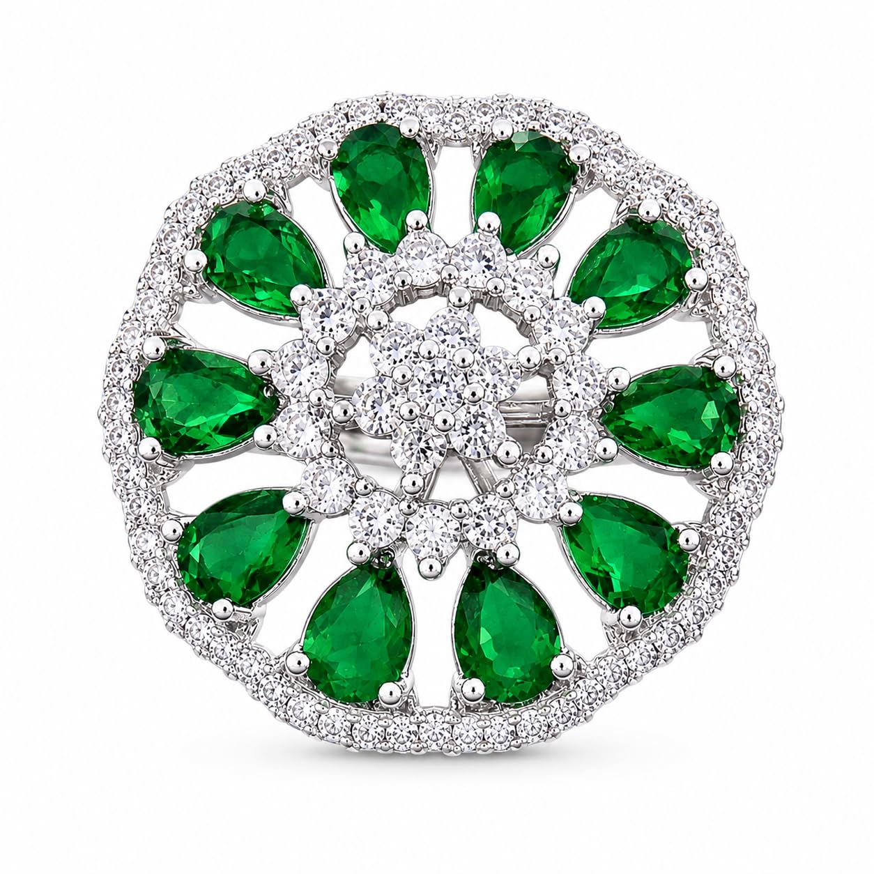 Elegant Round Brooch with Green Pear-Cut and White Cubic Zirconia Stones, Silver-Tone Floral Design-image-6