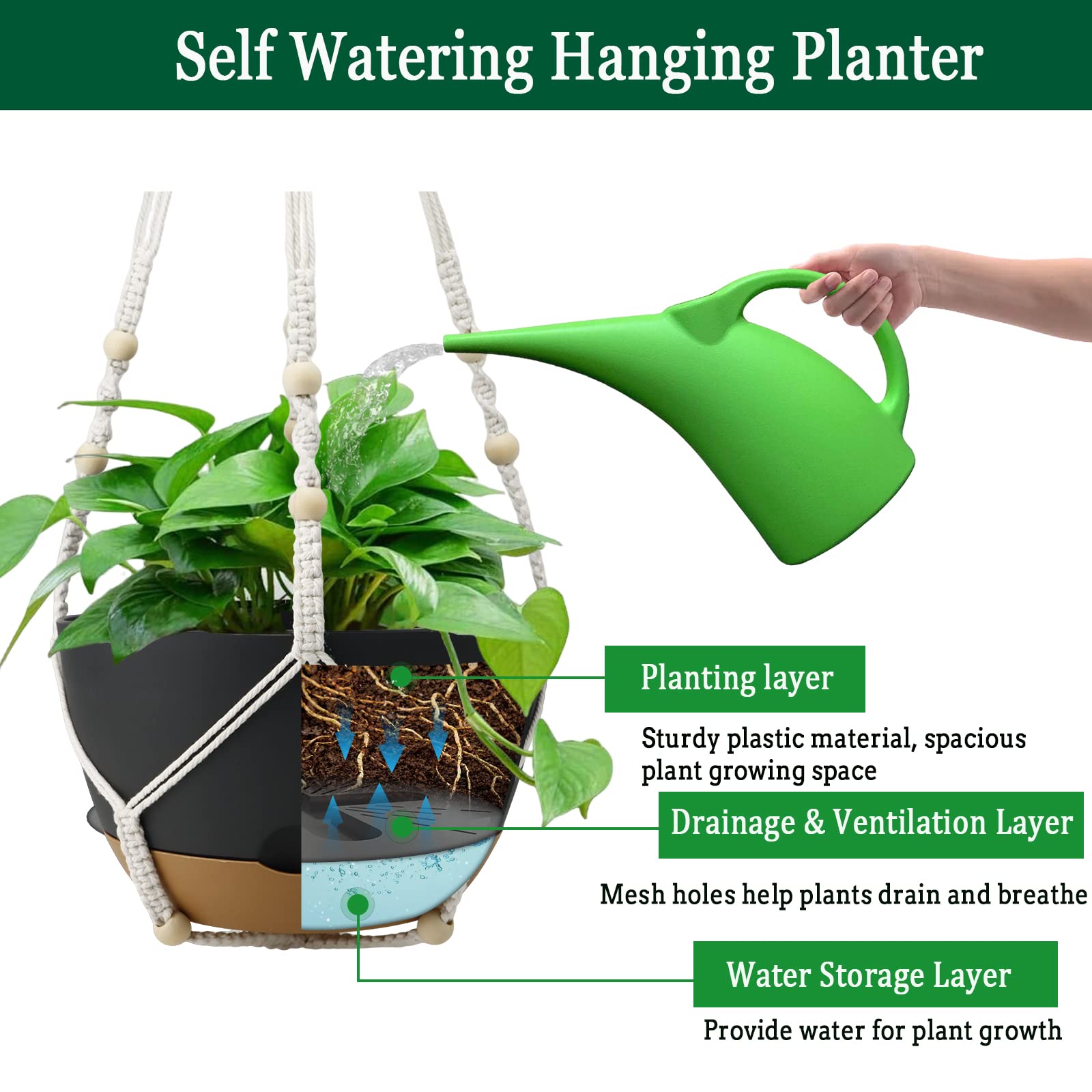 Koalaime Lot De 2 Pots De Fleurs Suspendus à Arrosage Automatique De 25,4 Cm Pour Intérieur Et Extérieur, Pots De Fleurs Suspendus Avec Trou De Drainage Et 2 Types De Cintres Pour