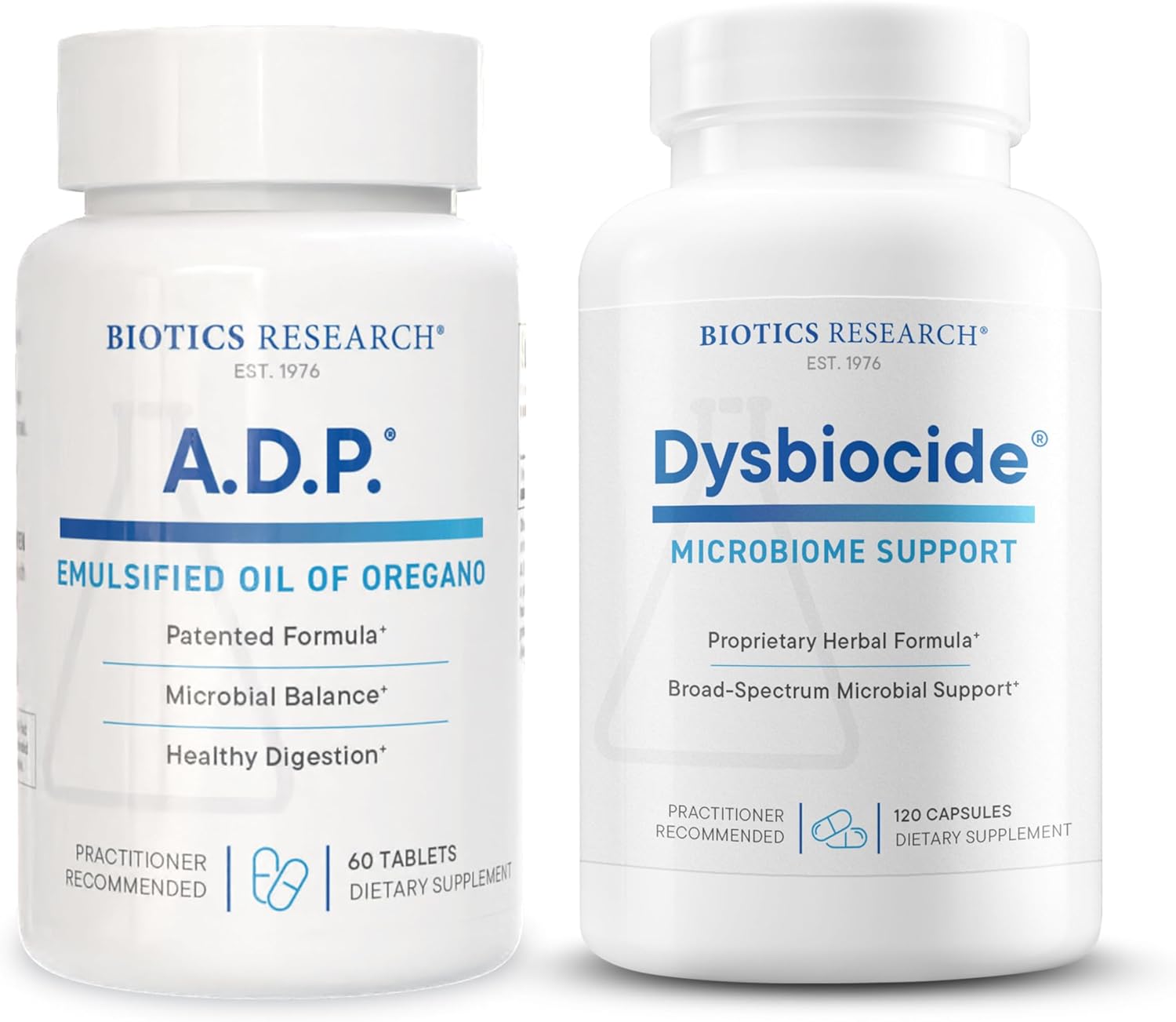 Biotics Research Dysbiocide Botanical Blend for Gut & Microbiome Support + A.D.P. Emulsified Oil of Oregano for GI Health – 120 Caps & 60 Tabs