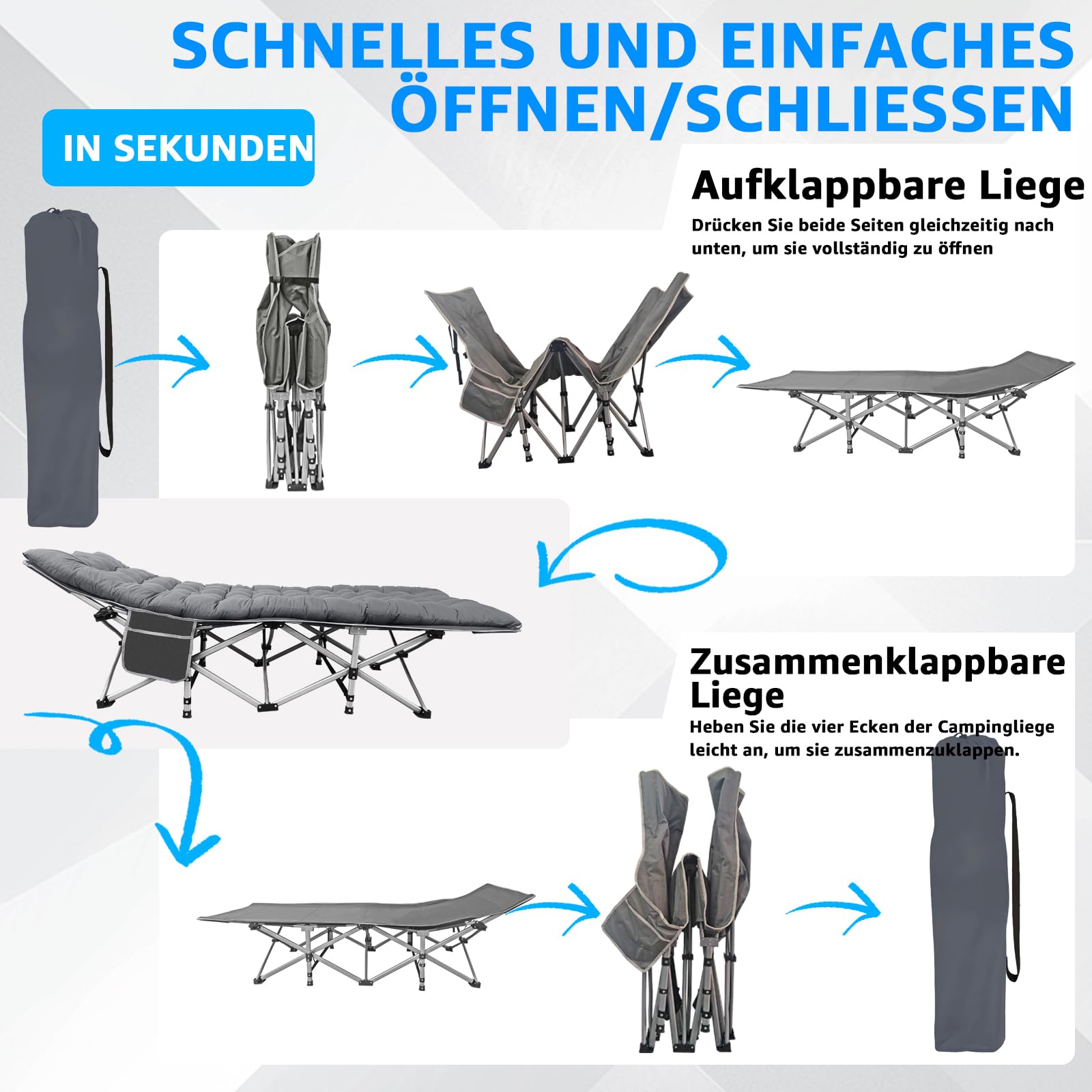 Klappbares Feldbett Campingbett faltbar, 150 kg belastbar - Robustes Gästebett für Outdoor, Camping, Garten & Büro mit Seitentasche und Tragetasche