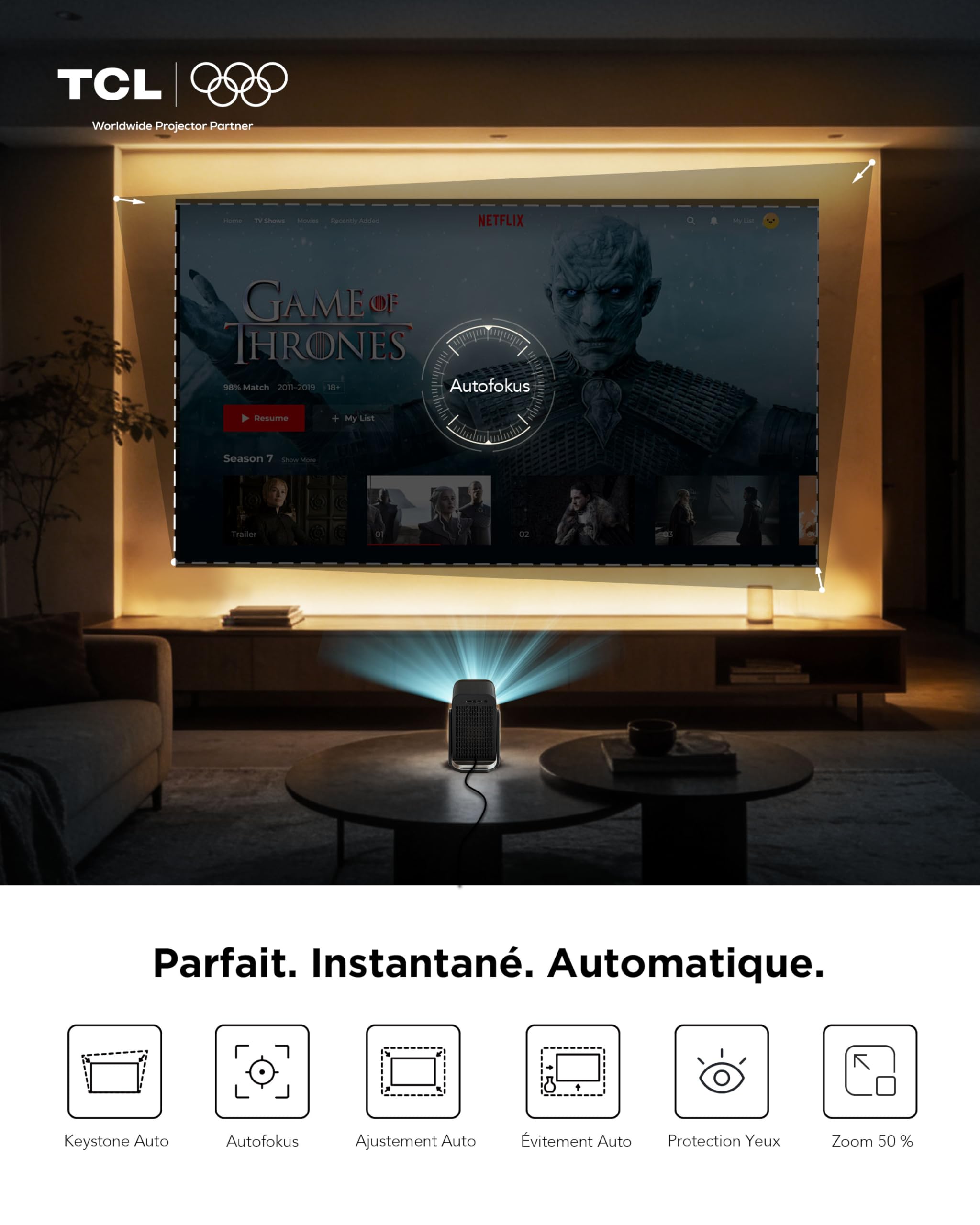 TCL C1 Videoprojecteur 4K Compatibilité, Natif 1080P, Audio Dolby 8 W, Netflix Certifié, Smart Google TV Intégré, Auto Focus/Keystone, Wi-FI Bluetooth, Pivotant à 285° Mini Projecteur Video Portable
