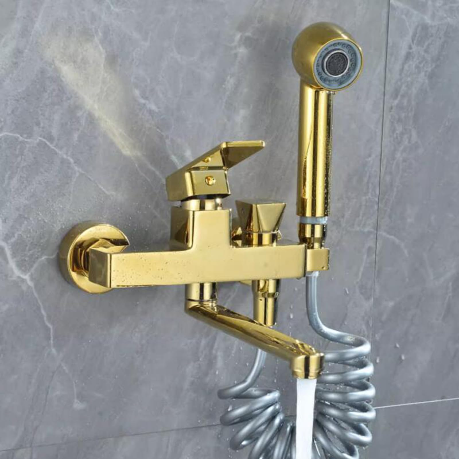 Grifo de Cocina montado en la Pared Grifo de Fregadero Dorado Grifo Giratorio de latón Pistola pulverizadora multifunción Grifo Mezclador de cocina-25 cm