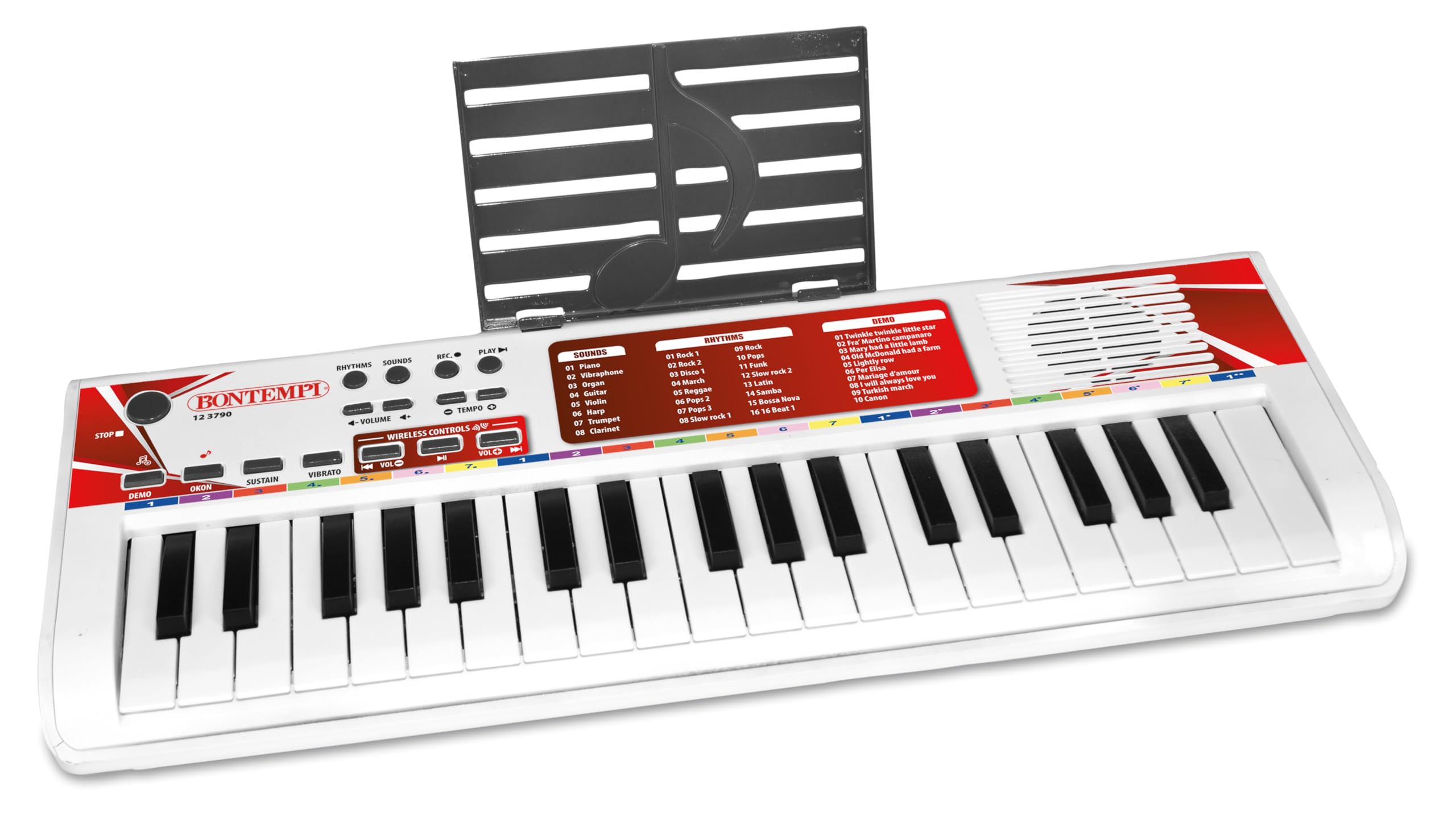 BONTEMPI - Elektronisches Keyboard 37 Tasten Kabellos mit 10 Vorab Aufgenommenen Liedern 8 Sounds 16 Rhythmen Lern- und Aufnahmefunktion 500x180x40 mm