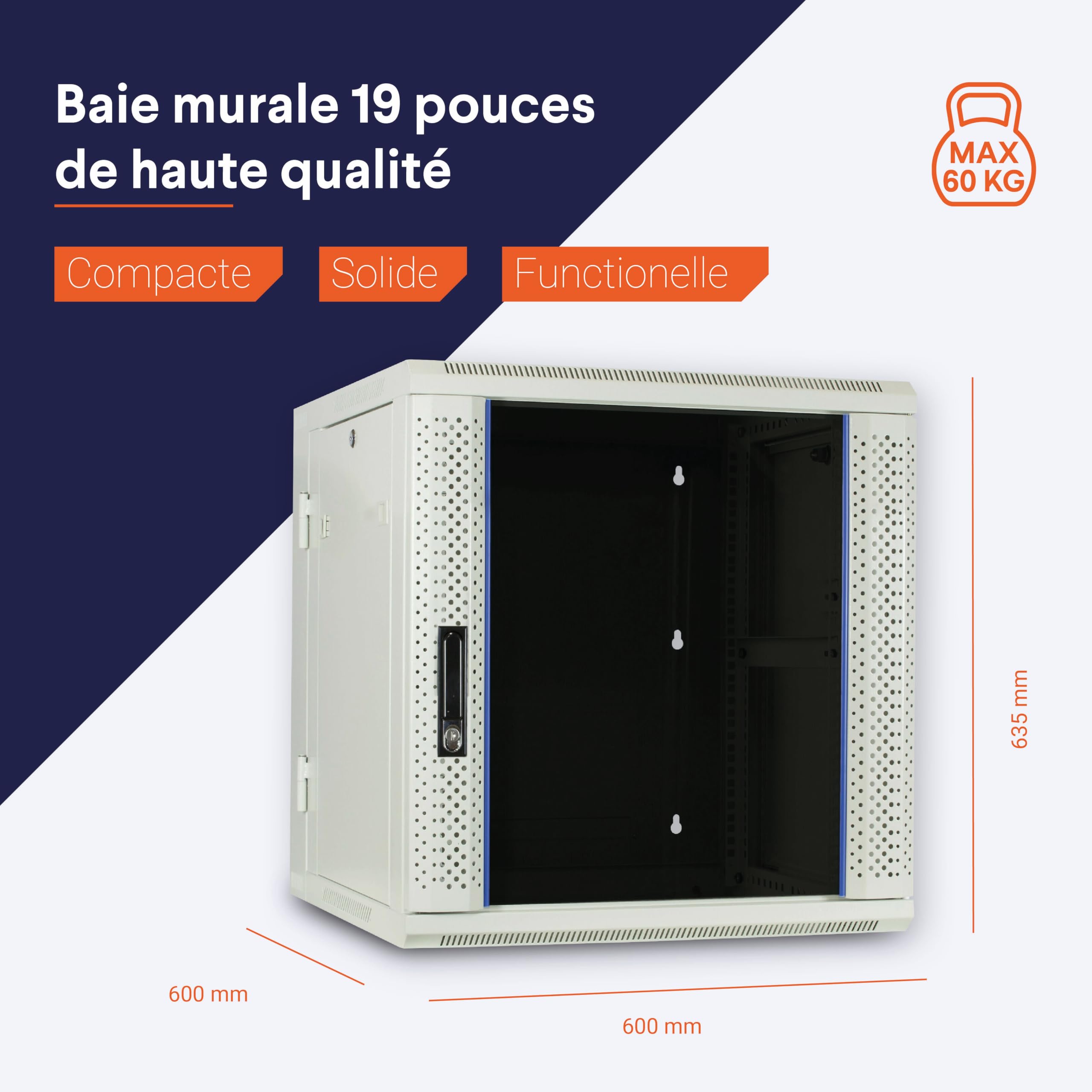 Baie Murale 12U Blanche (inclinable) avec Porte en Verre 600x600x635mm - Blanc