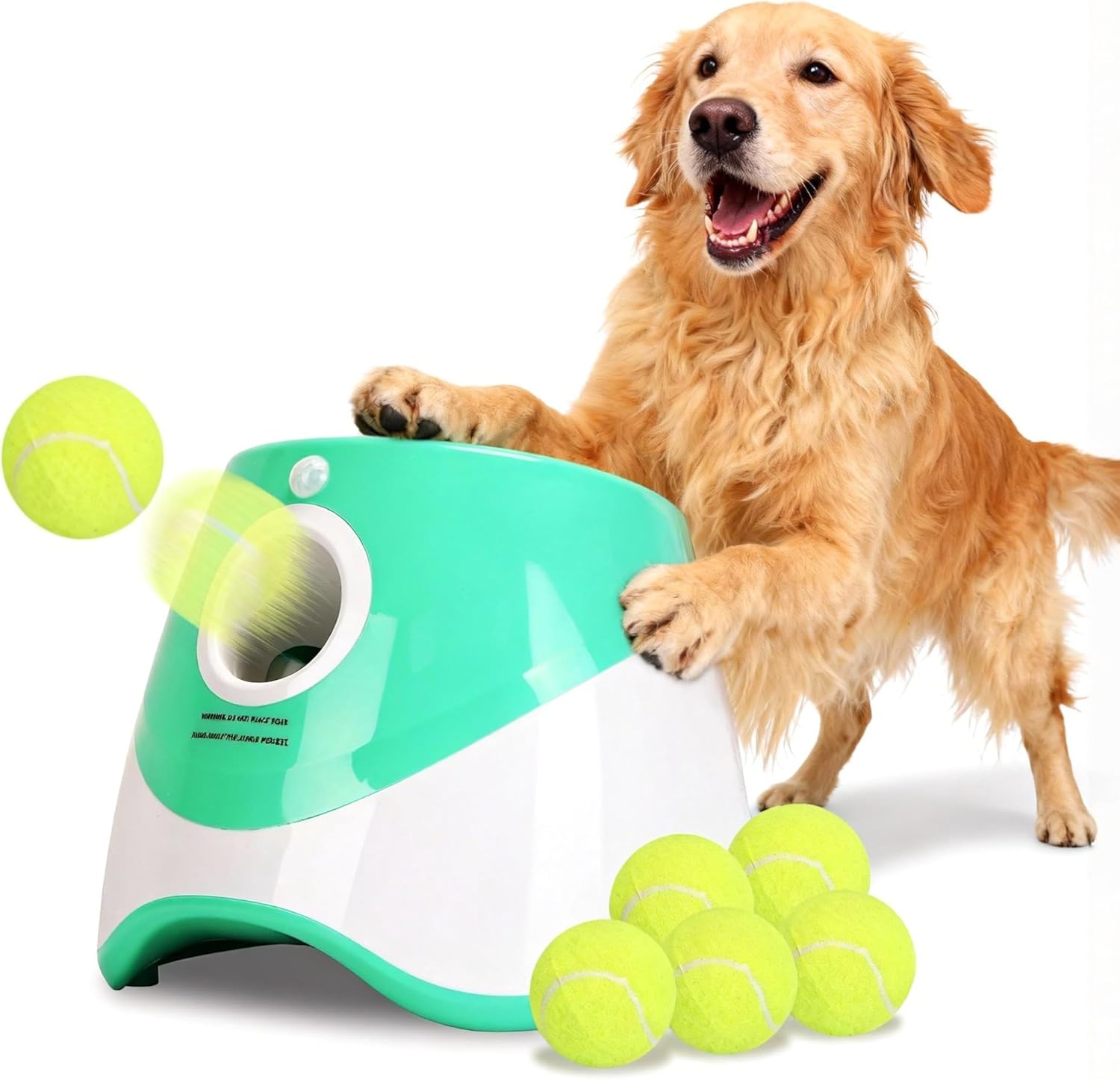 Dog Ball Thrower Launcher, Automatic Ball Launcher with 6 Tennis Balls for Small Medium Dogs, 3 Adjustable Distance Settings, Rechargeable Dog Toy Mental Stimulation Training Game for Energetic Dogs