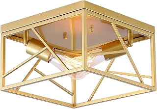 2-Light Modern Gold Flush Mount Light Fixture Metal Square Semi Flush Mount Ceiling Light for Hallway Bedroom Kitchen Entryway Farmhouse Dining Room