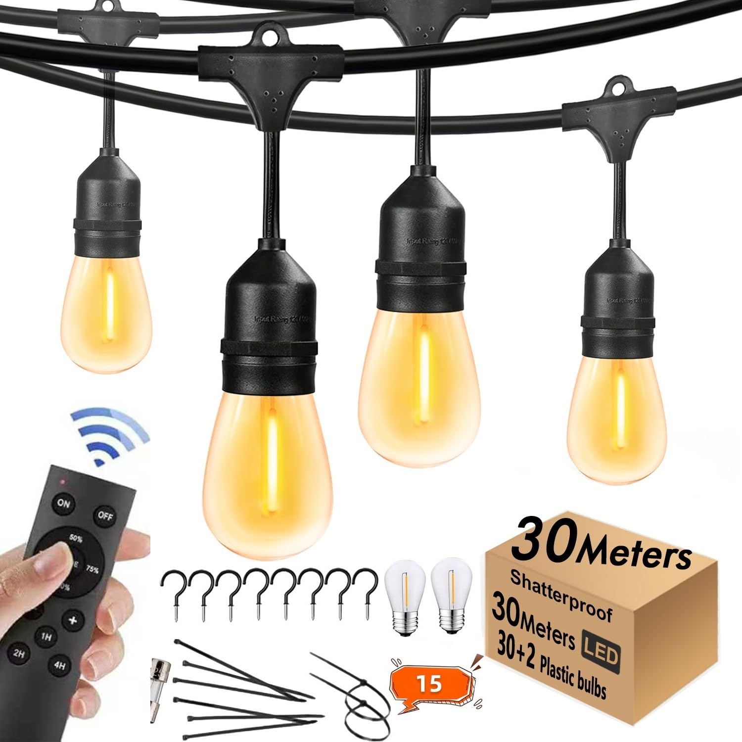 30M Festoon Lights Outdoor Remote Control Garden String Festoon Lights With 2/4/6 Hours Timer Function, 30+2 E27 Bulbs for Backyard, Pergola, Fence, 4.4M Extension Cable Included, IP65 Waterproof