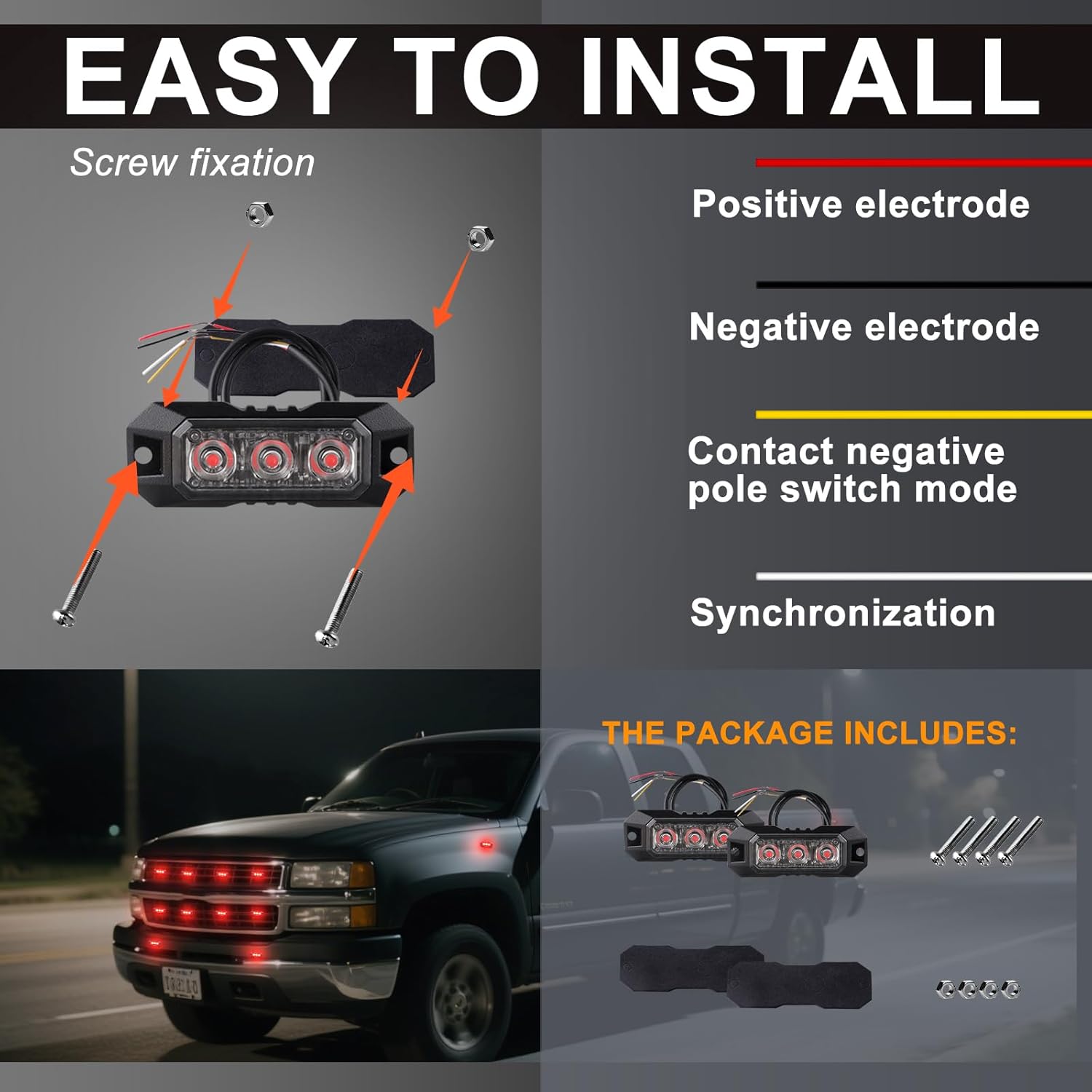 3-LED Emergency Strobe Lights, Sync Feature Flashing Safety LED Warning Beacon Grille Light Bar 12V-24V Universal for Cars Trucks Trailers Vehicles (Red, 2PCS)