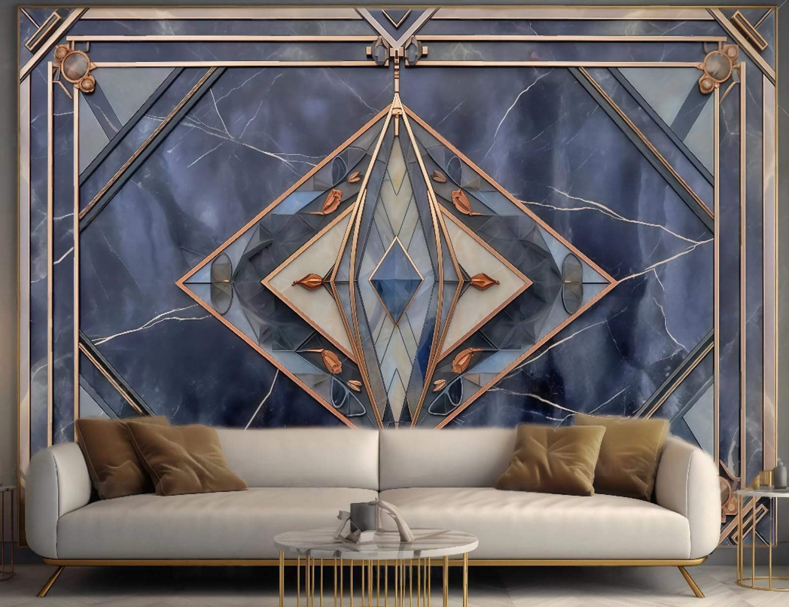 Tapeta sztuka nowoczesna romb murarski kolaż niebieski marmur łupek obraz TV sofa tło ściana salon sypialnia jadalnia mural, 3D, 300 x 210 cm
