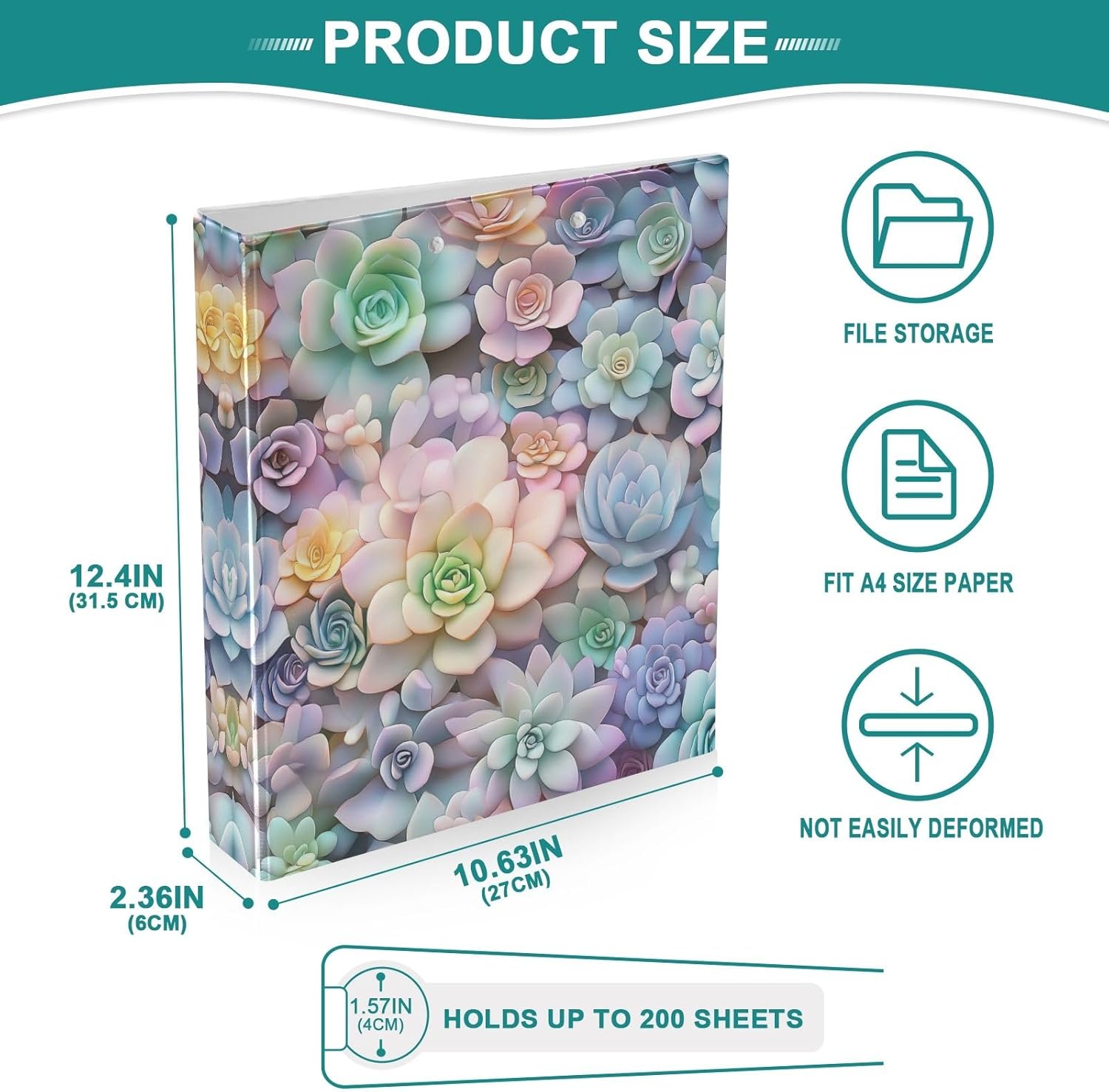 Decorative Cute Three Ring Binder 1-1/2 Inch Binders 3 Ring with Anti-Slip Metal Clip Basic Binder Organizer for Work School Office Colorful Succulents, 1 Pack