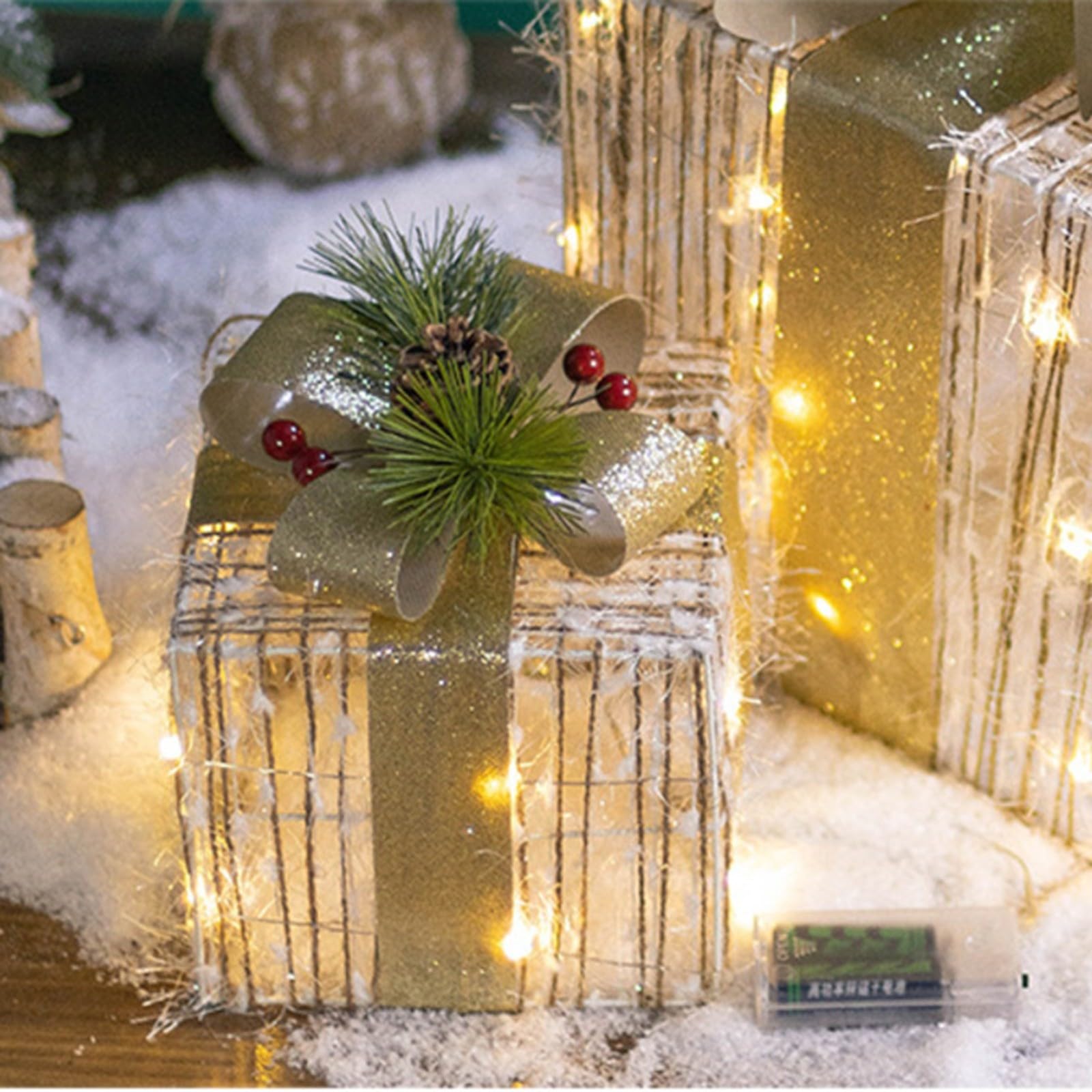 Set di 3 scatole natalizie illuminate, in peluche, decorazione regalo con timer, fiocco argentato, telaio in ferro battuto, per interni ed esterni (oro)