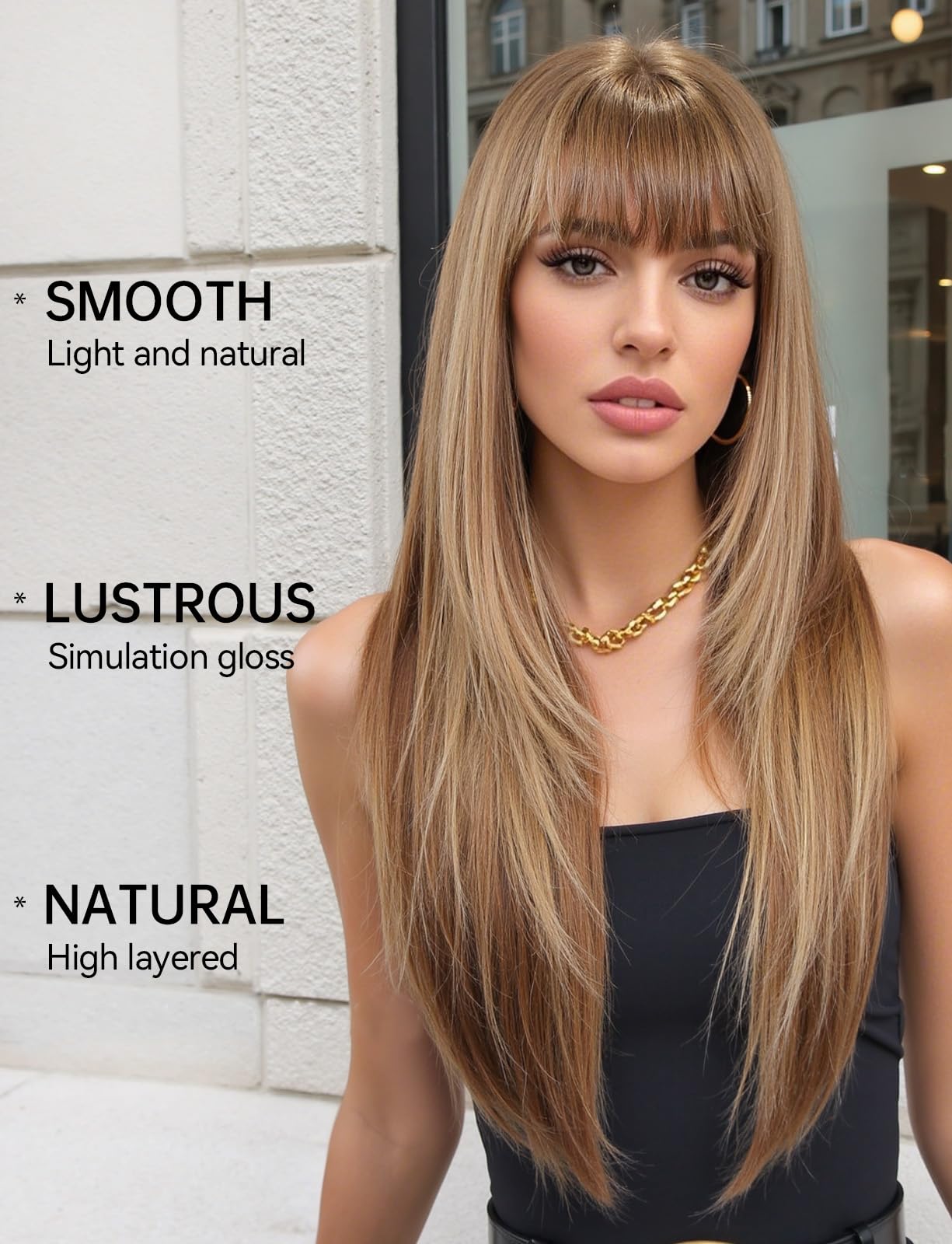 HAIRCUBE Long Straight Wigs for Women Light Brown Color Layered Synthetic Wig with Fringe for Daily, 22 inches - Image 2