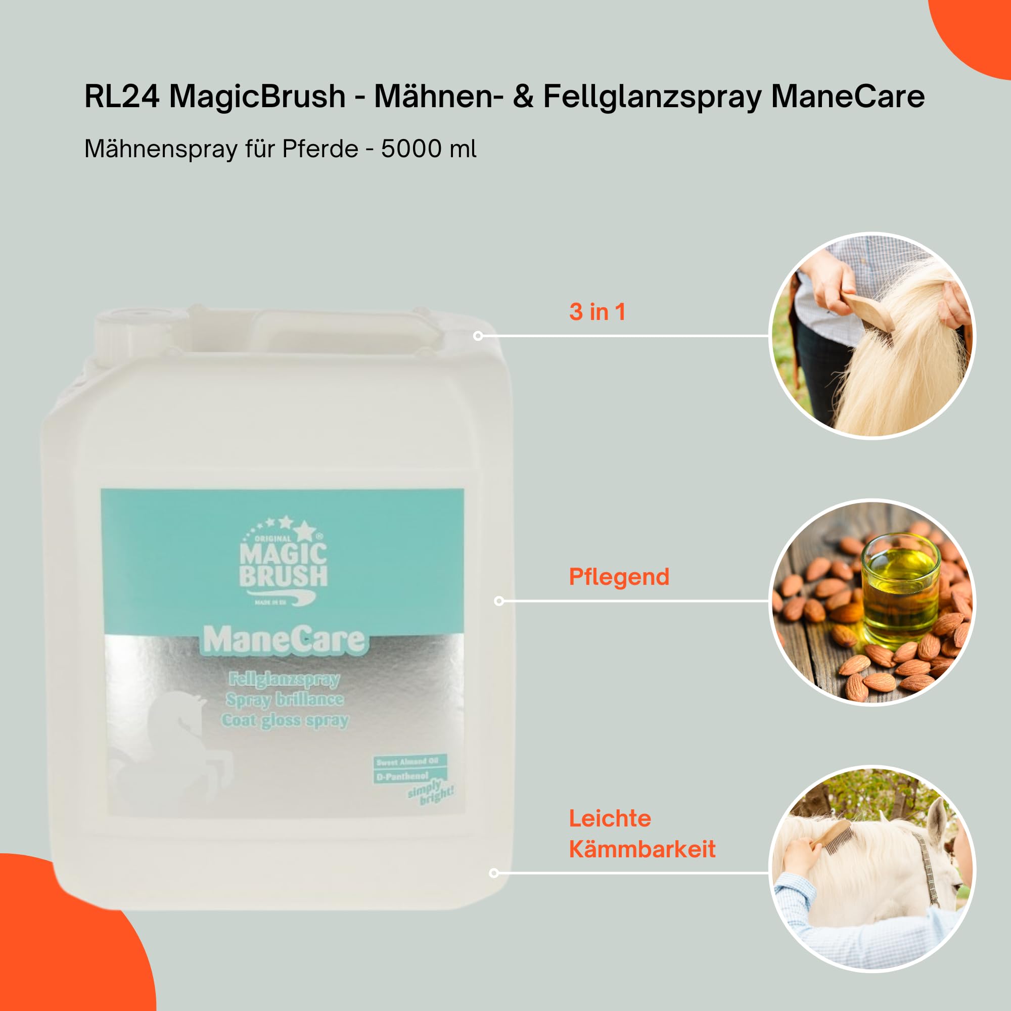 RL24 MagicBrush - Mähnen- & Fellglanzspray ManeCare – 1 x 5000 ml | Kanister – Mähnenspray für Pferde – Leichtkämmspray für seidigen Glanz – Pferde Mähnenspray & Schweifspray