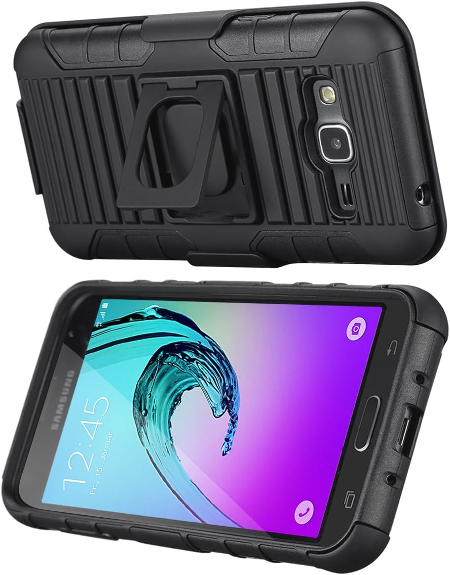 Galaxy Sky Case, J3/J3 V Case, Galaxy Sol Case, TILL Holster Locking Belt Swivel Clip Heavy Duty [Built-in Kickstand] Combo Case Defender Cover for Samsung Galaxy Amp Prime/Express Prime [Black]