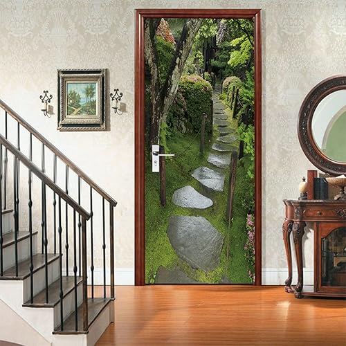 Miniatura 6 de Adhesivos 3D para puertas interiores, camino de piedra húmeda en jardín zen japonés en verano, vinilo impermeable autoadhesivo para puerta de