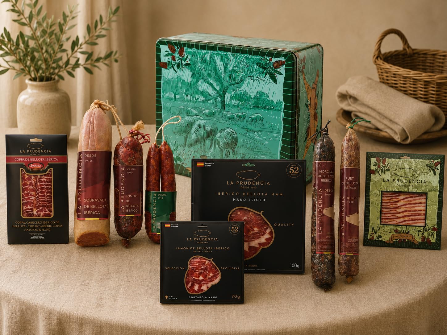 Cofre La Gourmet – Cesta Gourmet Ibérica Premium | Caja Metálica Edición Limitada Ricardo de La Torre con Jamón Ibérico Bellota y Embutidos Gourmet