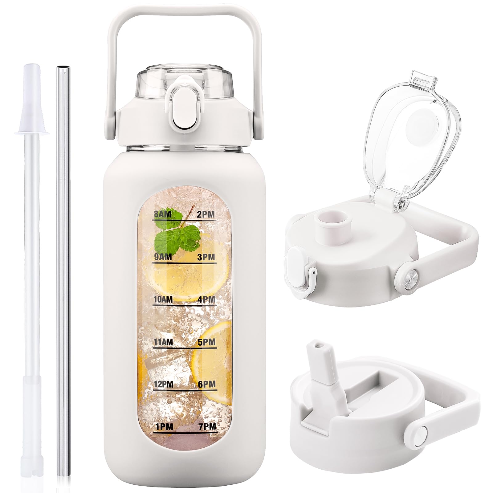 Botella de agua de 2L de vidrio con 2 tapas, tapas abatibles y de sorbos, jarra grande de 2 litros con marcador de tiempo y funda de silicona, libre de BPA, a prueba de fugas para deportes