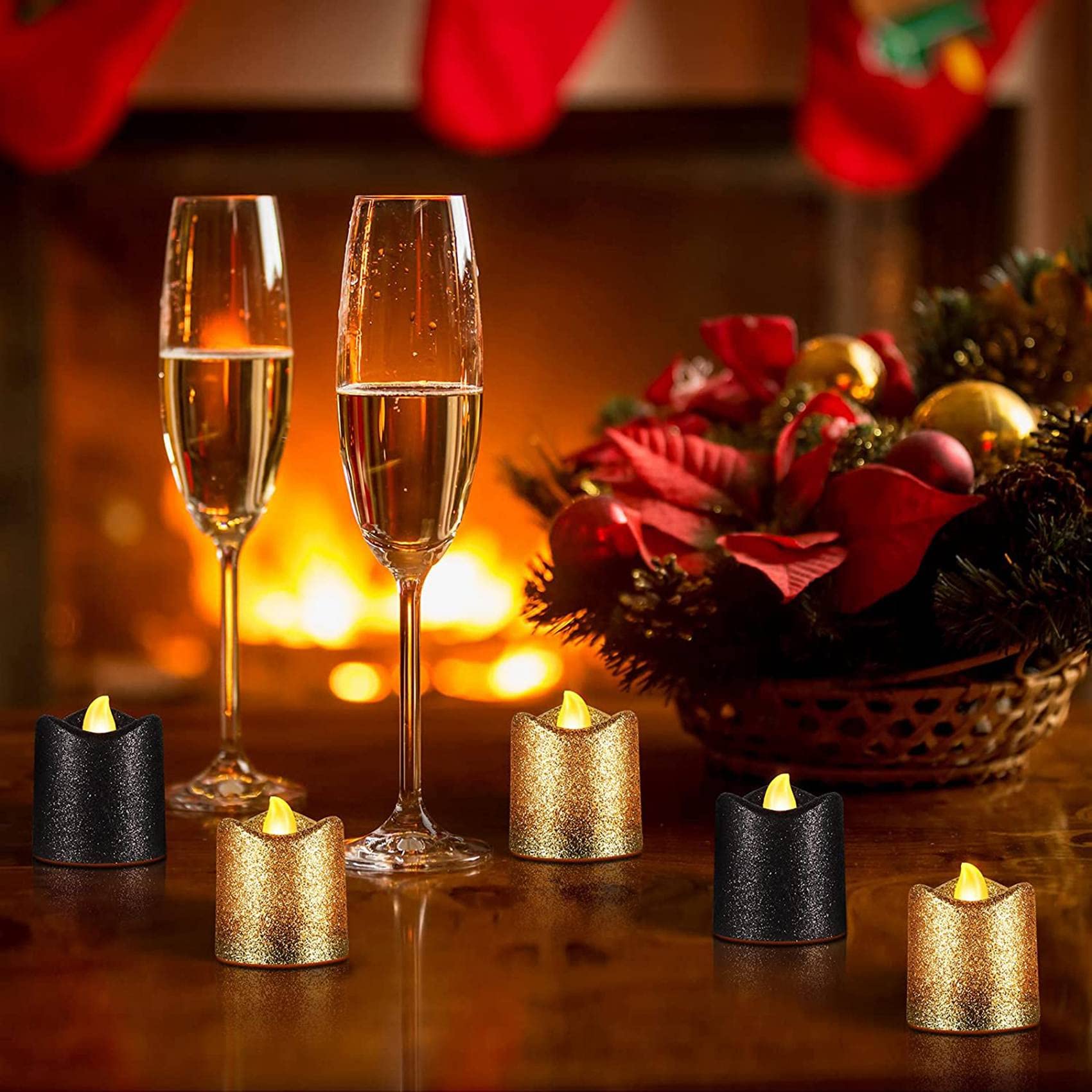 Benefischl Bougies LED Votives à Paillettes Noires - 24 Pièces - Ambiance Chaleureuse