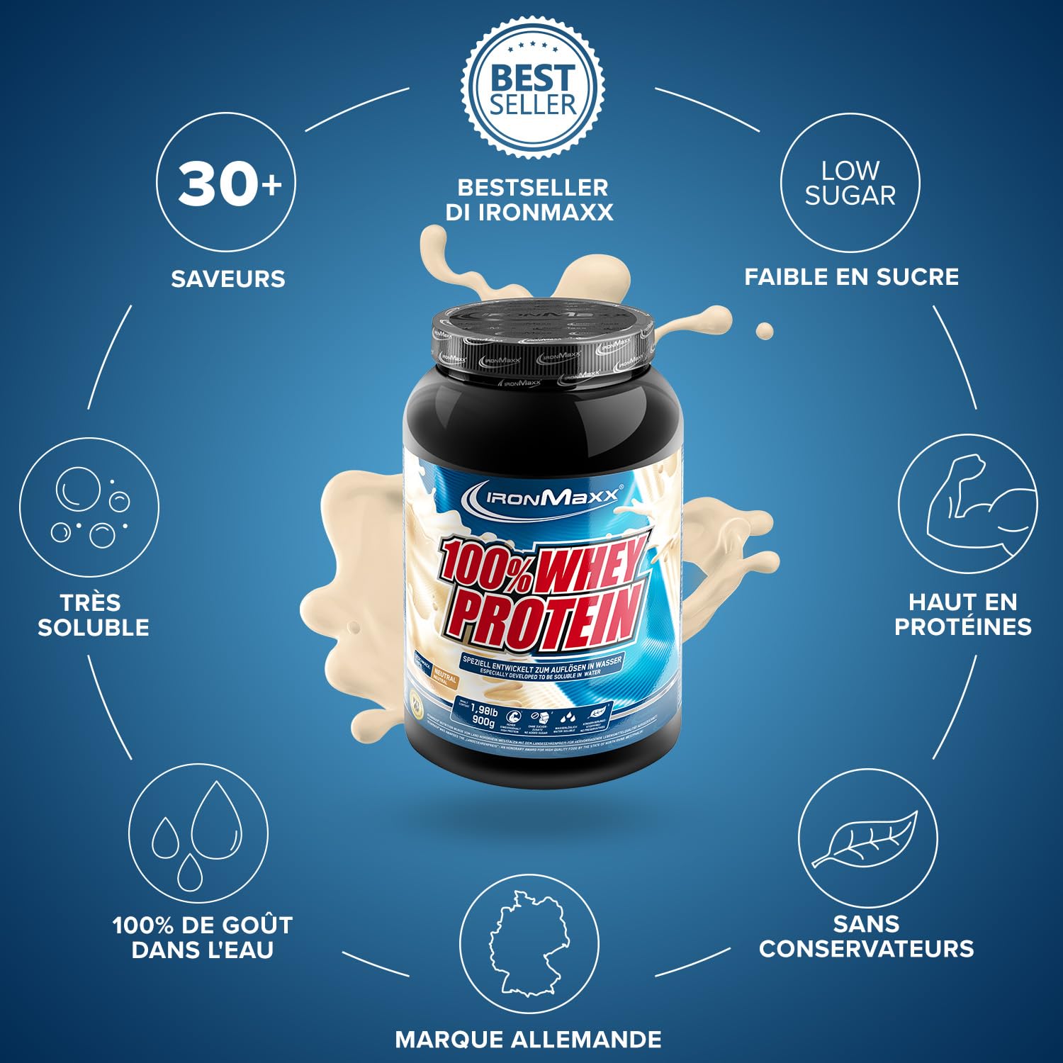 IronMaxx 100% Whey Protein Pulver 900g - Neutral - Frullato ad alto contenuto proteico con BCAA ed EAA per l’allenamento muscolare e il fitness
