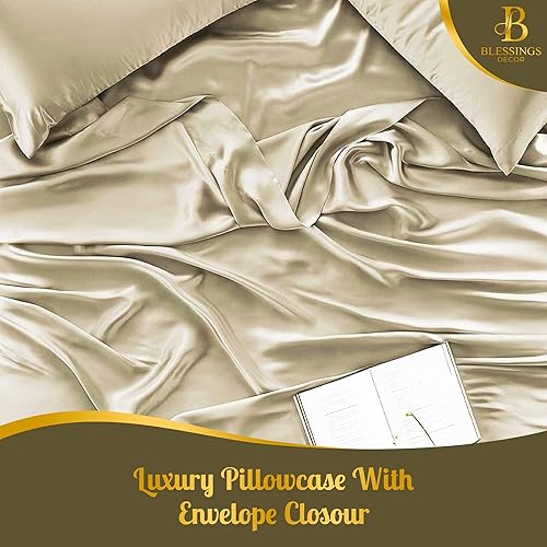 Miniatura 8 de Blessings Decor Sábanas de algodón de alta calidad hotelera de 600 hilos, 100% tejido satinado, sábanas lisas con sábana elástica de bolsillo