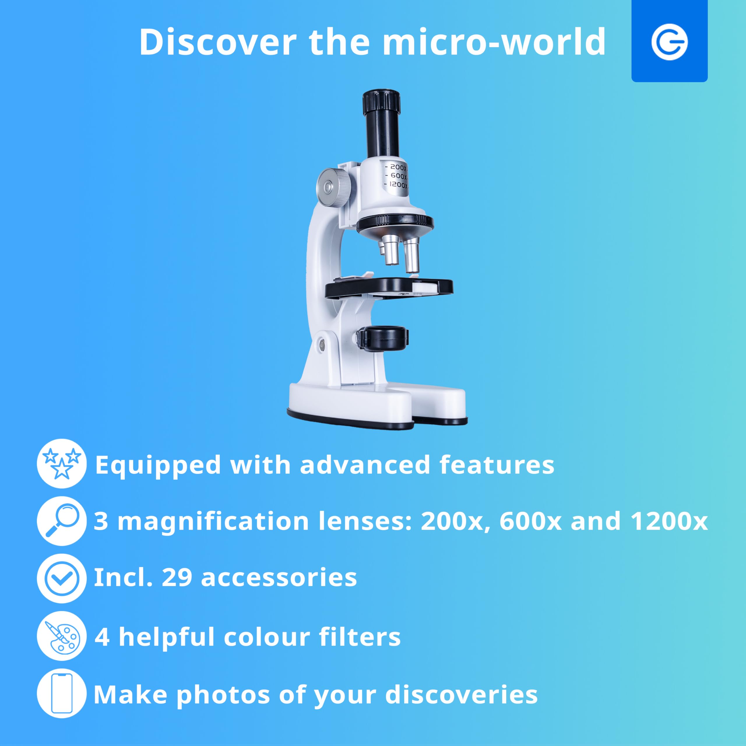 Silvergear Mikroskop dla dzieci, zestaw dla początkujących | gra edukacyjna, gęstość 200x, 600 x i 1200 x | LED, profesjonalny mikroskop biologiczny, w zestawie 29 akcesoriów, 14 x 8 x 22 cm, biały