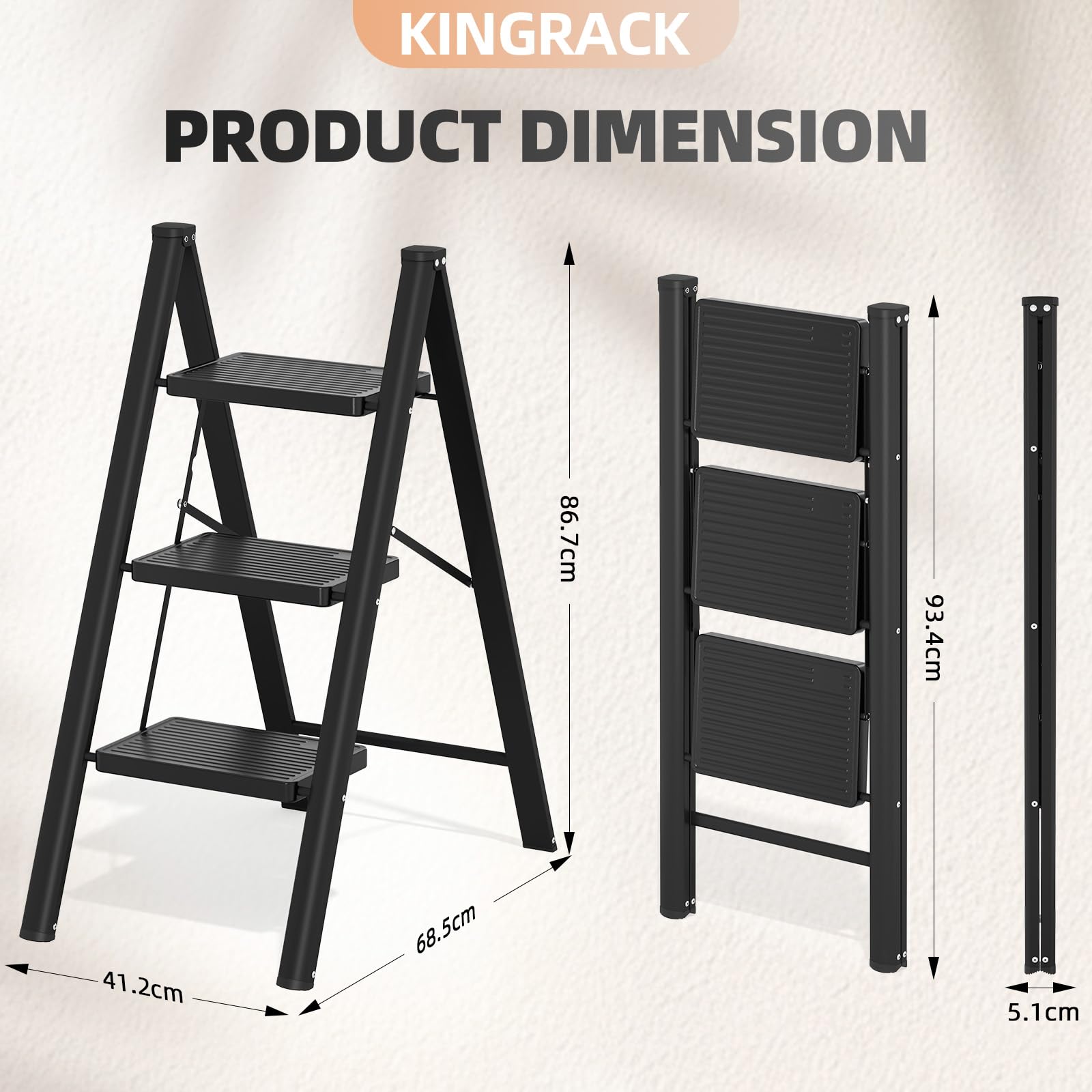 KINGRACK 3-Step Folding Ladder With Handrails – Anti-Slip Wide Pedals, 333 Lbs Capacity, Lightweight Steel, Space-Saving For Kitchen & Home