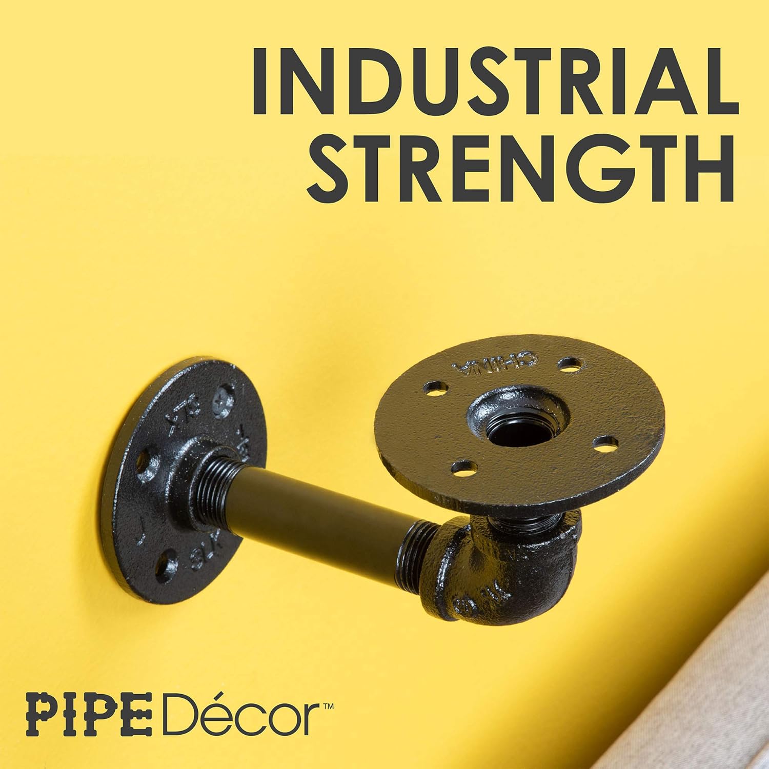 Pipe DÉCOR Electroplated Industrial Pipe Double Flange Brackets Set of 4 Industrial Steel Black Shelf Brackets for Hanging Shelves Wall Mounted Pre-Sealed Ready to Use Real Durable Metal (4 Inch)