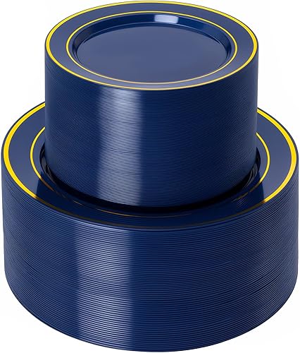 NOCCUR 200 platos de plástico azul marino para 100 invitados, incluye 100 platos desechables de postre de 10 pulgadas, 100 platos desechables