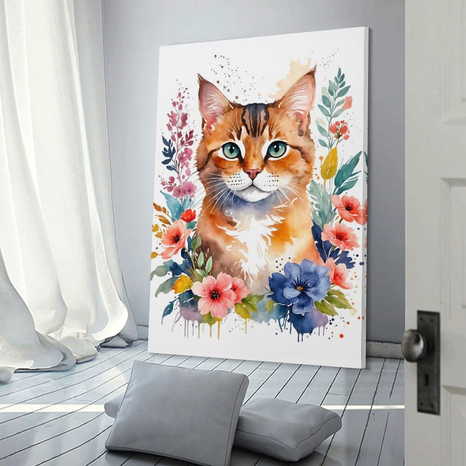 Junmoney Frame-Style-8 Cat Watercolor Flowers Decorative Canvas Print, 24X36inch(60X90cm), For Home, Office, Studio Or Guest Room, Versatile Wall Decor For Many Rooms