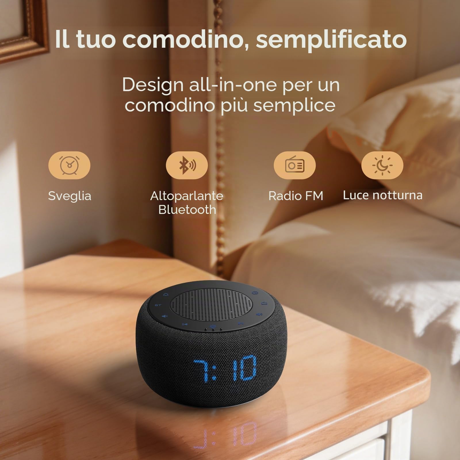 DOUMOSH Radiosveglia con Bluetooth, sveglia digitale con display dimmerabile 0-100%, luce notturna colorata per camera da letto