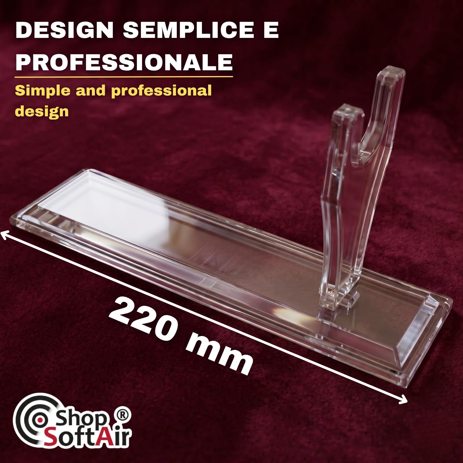 Espositore per Pistole in Plastica Trasparente, con Supporto per Calcio e Canna, Base 220x65 mm