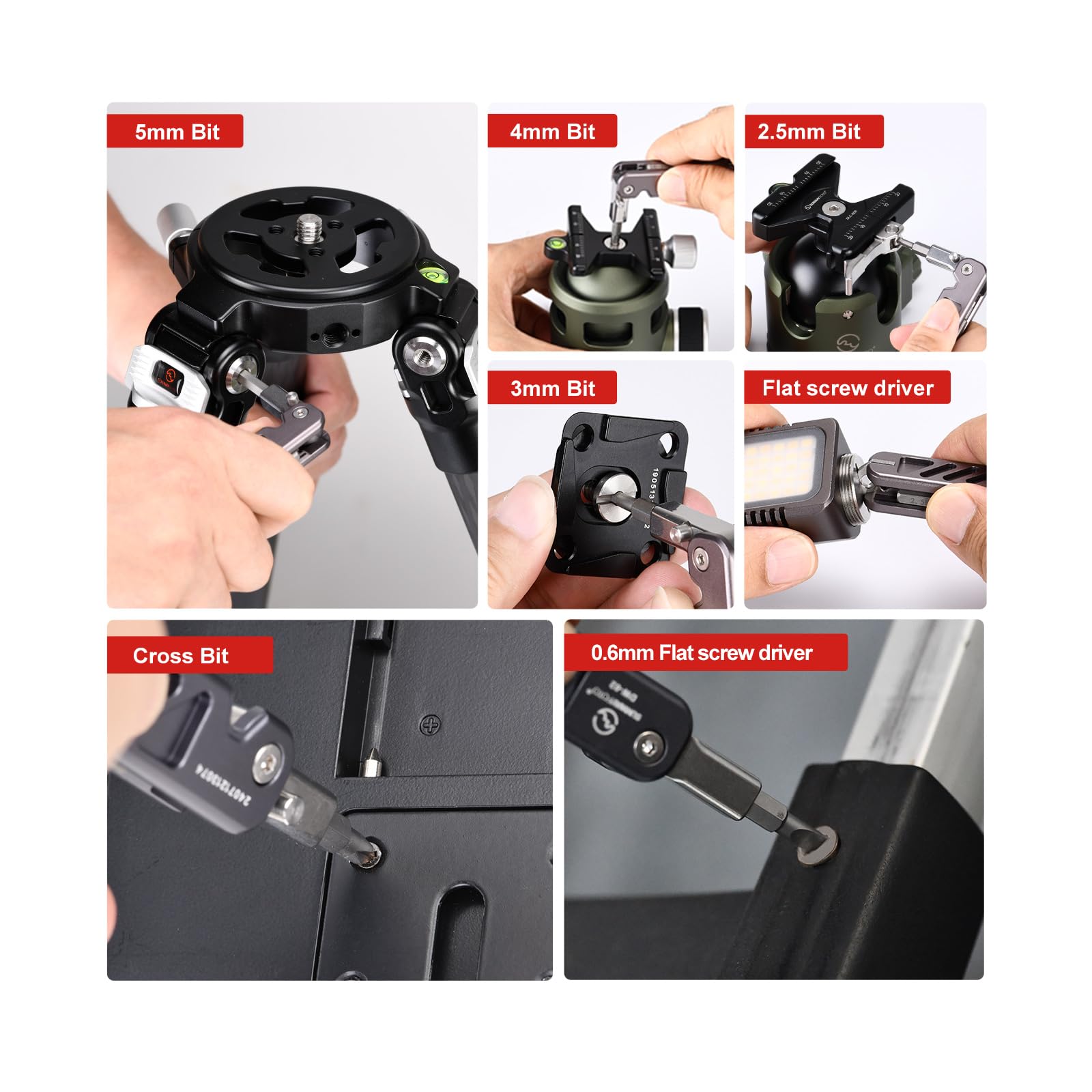SUNWAYFOTO DW-02+ składany zestaw narzędzi z kluczem imbusowym ze stali nierdzewnej 2,5/3/4/5 mm, krzyżakowy i płaski, Edc Multitool, breloczek do kluczy, śrubokręt