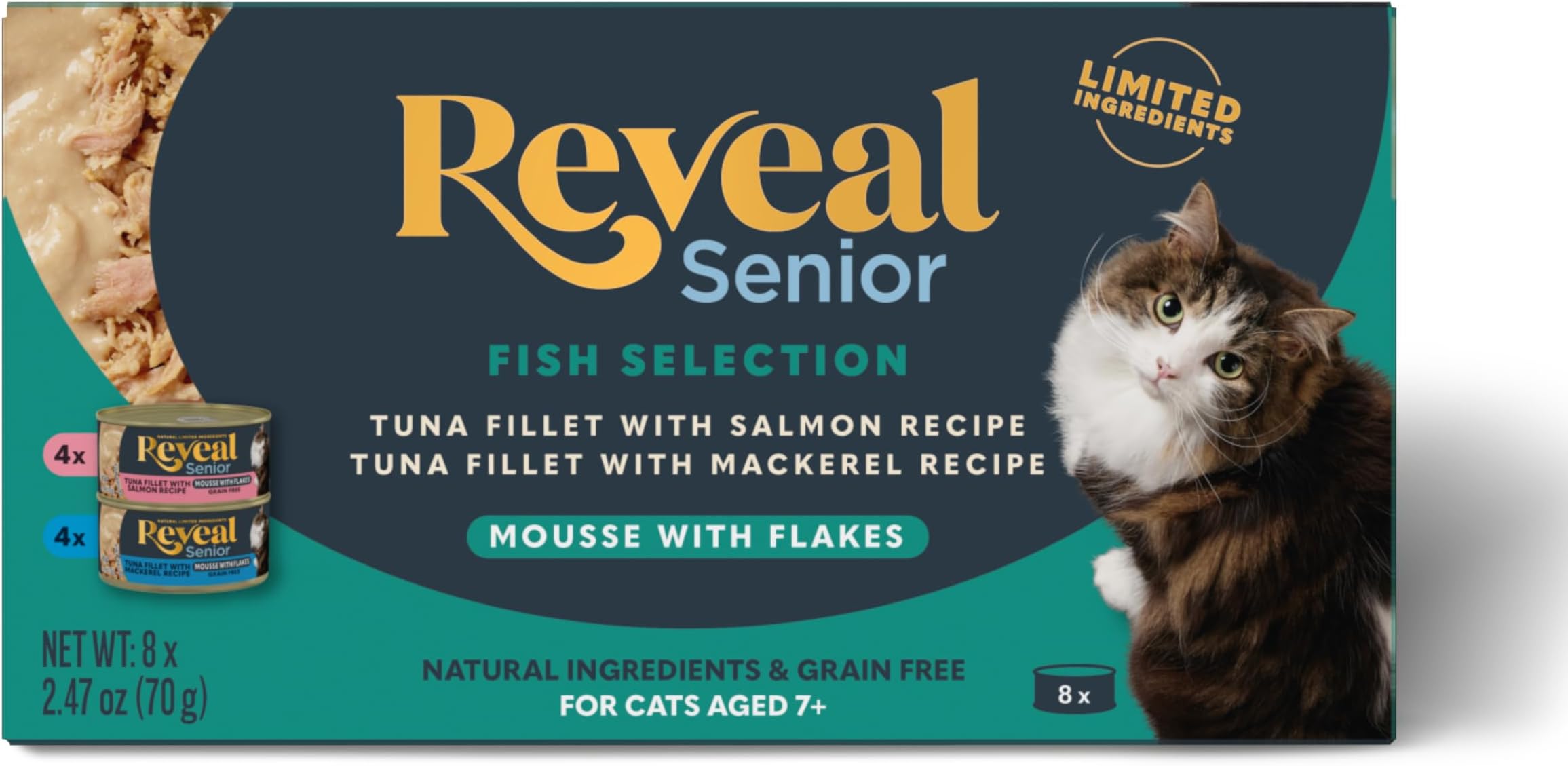 Natural Wet Senior Cat Food Flakes, Limited Ingredient, Grain-Free with High Protein with No Artificial Additives, Tuna Fillet Flakes in Mousse (8 x 2.47 oz Cans)