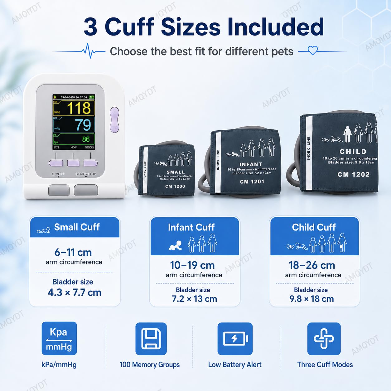 Misuratore di Pressione Sanguigna Veterinario, Bracciale Digitale per La Misurazione della Pressione Sanguigna con 3 Bracciali E Display LCD, 100 Set di Memoria per Cani, Gatti E Altri Animali