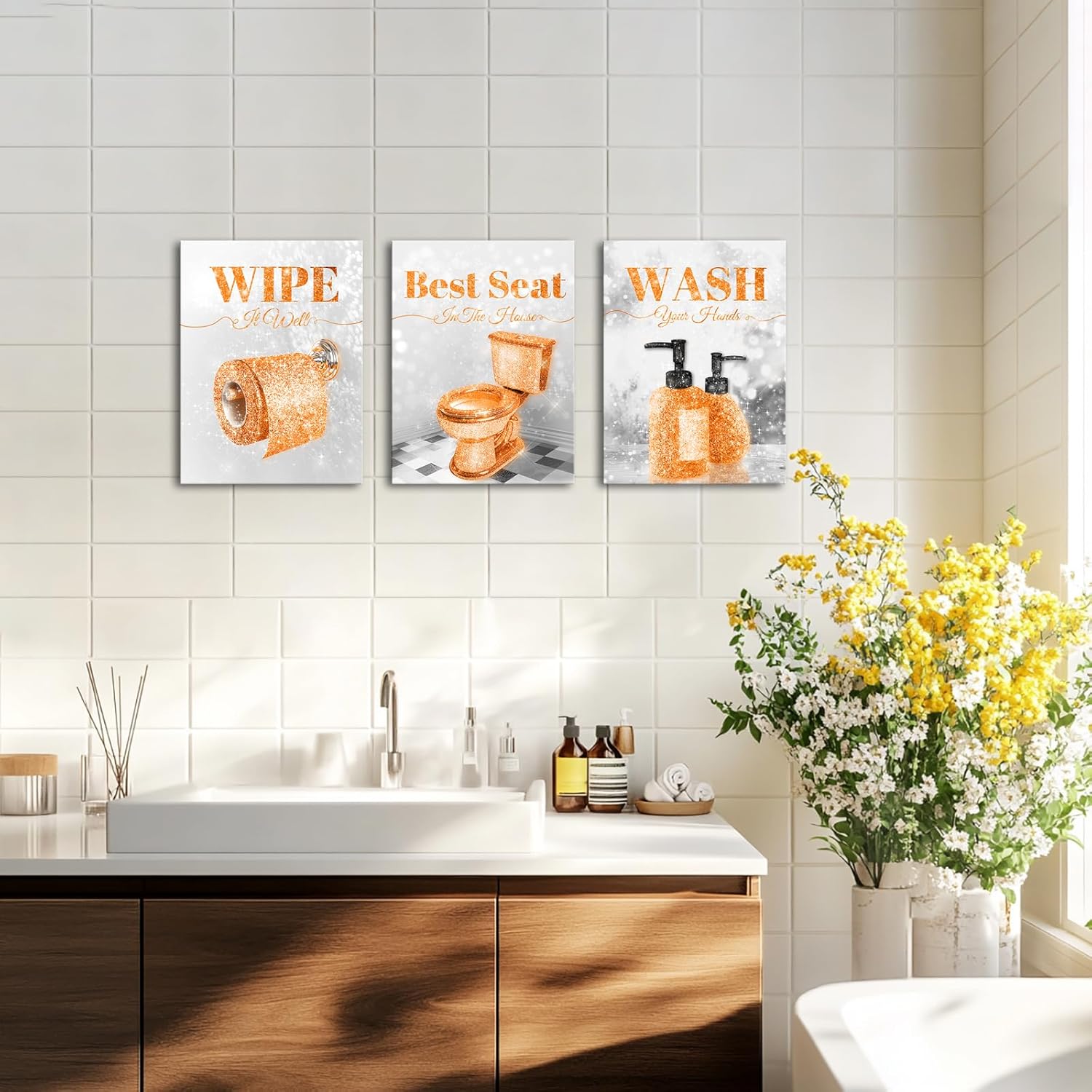 FuShvre Orange Bathroom Wall Art Decor 3-Piece Glam Pictures Canvas Prints Toilet Rules Signs for Modern Washroom Decorations Framed 12x16 inches each (Orange)