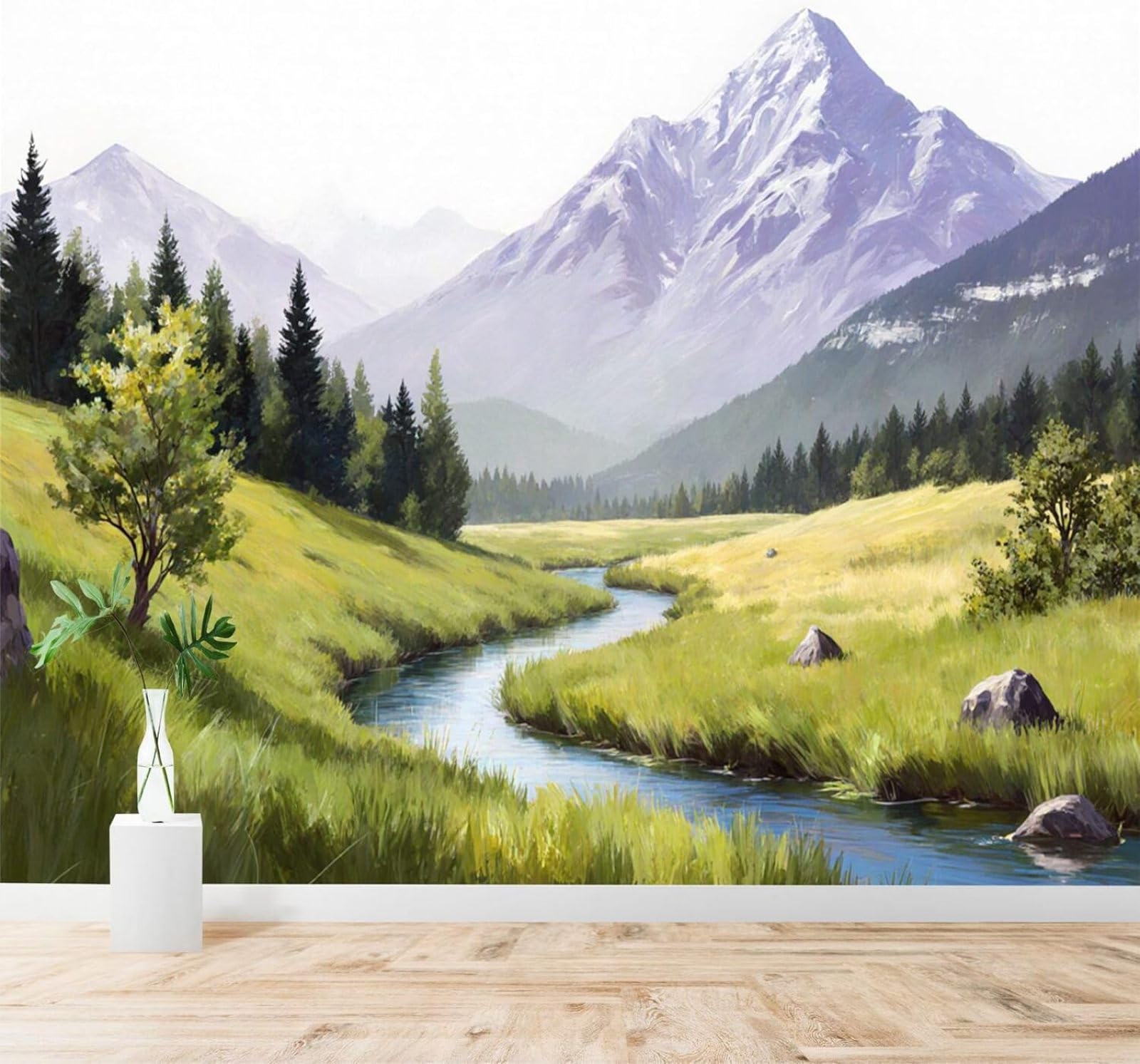 Tzxztt Fresh Rivers Forests Green Meadows Mountain Scenery Modern 3D Wallpaper Premium Textured Silk Neutral Tones Material Ideal for Living Room Bedroom-250cm×170cm