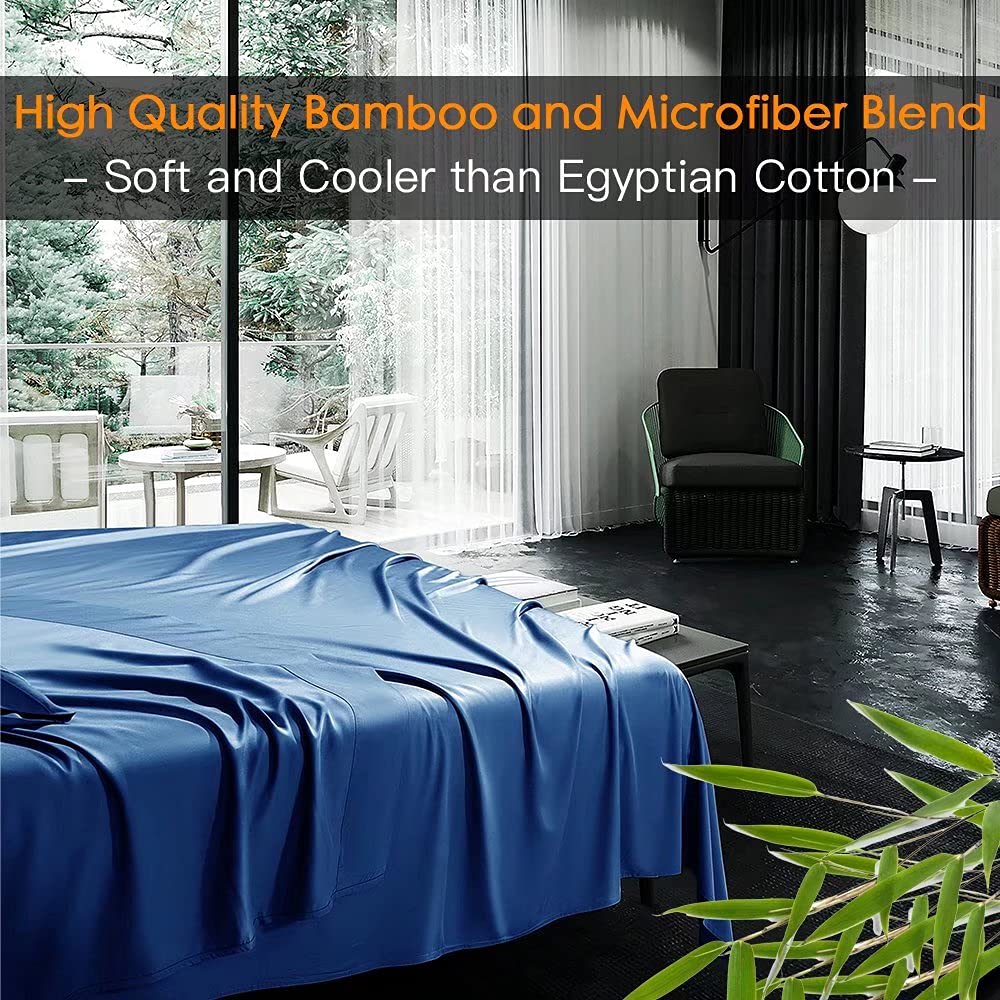 Shilucheng Bamboo 6-Piece California King Size Bed Sheets Set 1800 Thread Count 16 Inch Deep Pockets Cool Eco Friendly Soft and Comforterble(Cal King,Navy Blue)