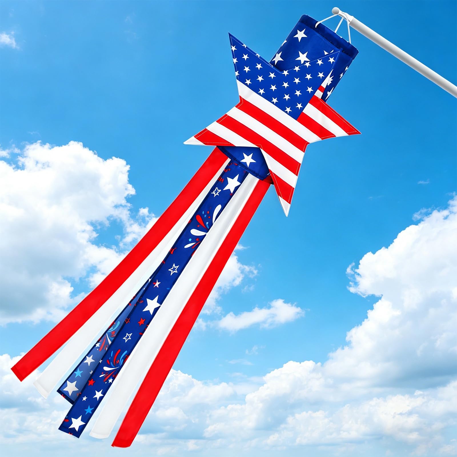 40 Inch 4th of July Windsock, Patriotic Star Windsock with American Flag Streamers, Red White Blue Hanging Wind Spinner for Independence Day Memorial Day Outdoor Yard Porch Garden Decorations