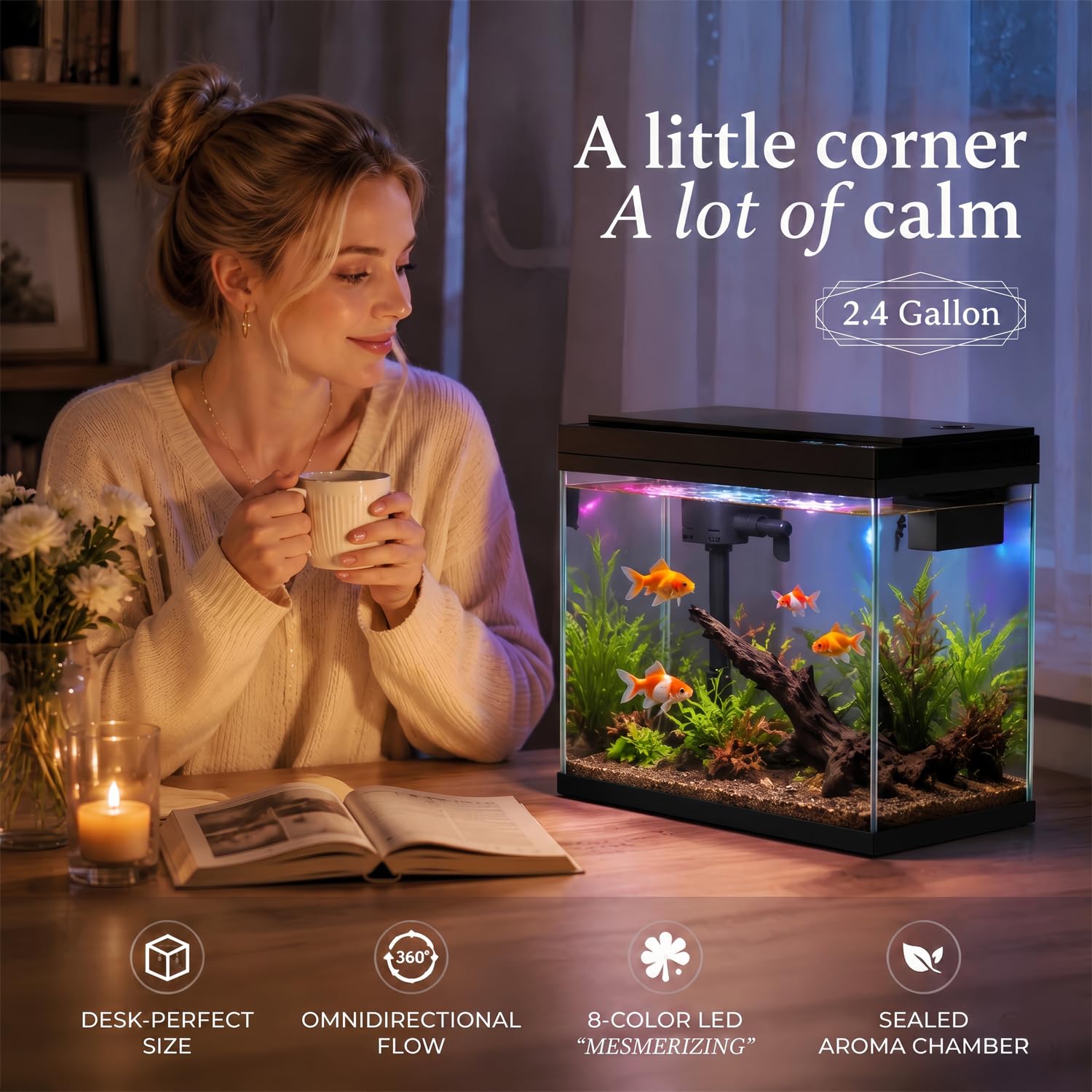 BARKBUDDY Kit de acuario de 2.5 galones, tanque de peces autolimpiable, luz de 7 colores, bomba silenciosa 3 en 1, tanque de peces betta, kit de inicio de acuario de peces dorados con filtro para el