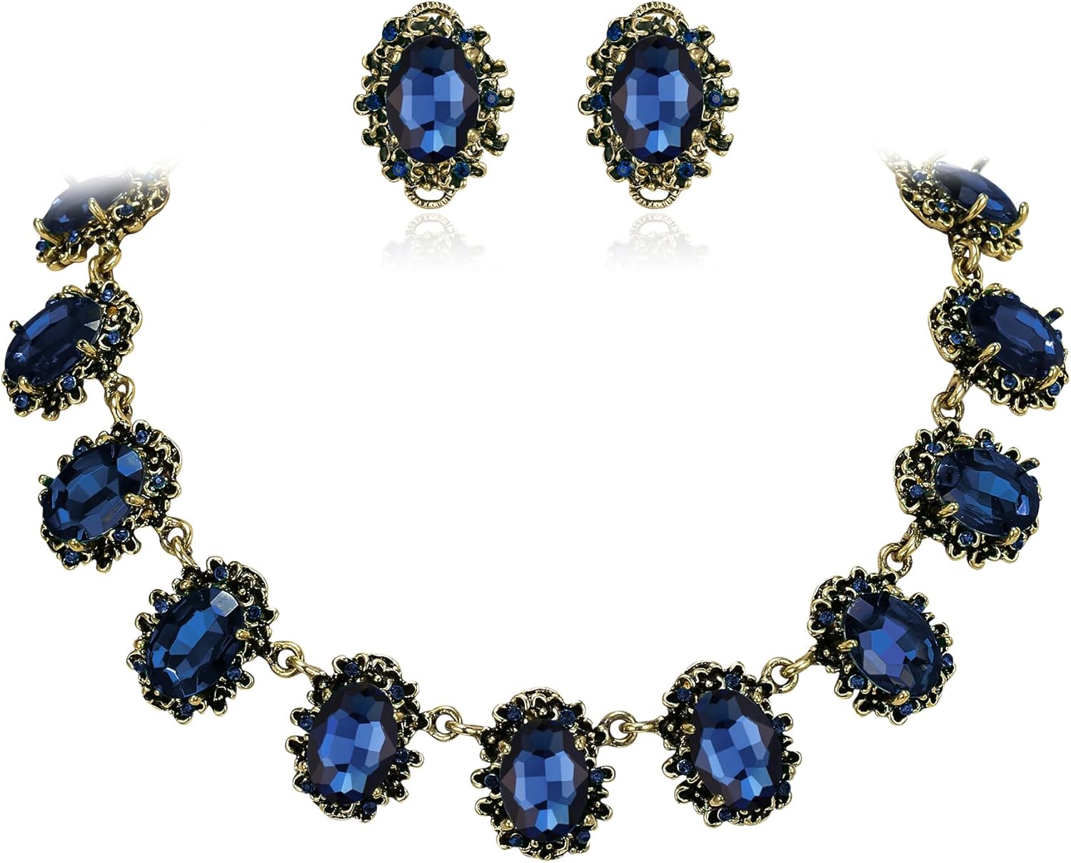 BriLove Victorian Style Statement Necklace Pierced Earrings Jewelry Set for Women Crystal Floral Cameo Inspired Oval Jewellery for Party Prom