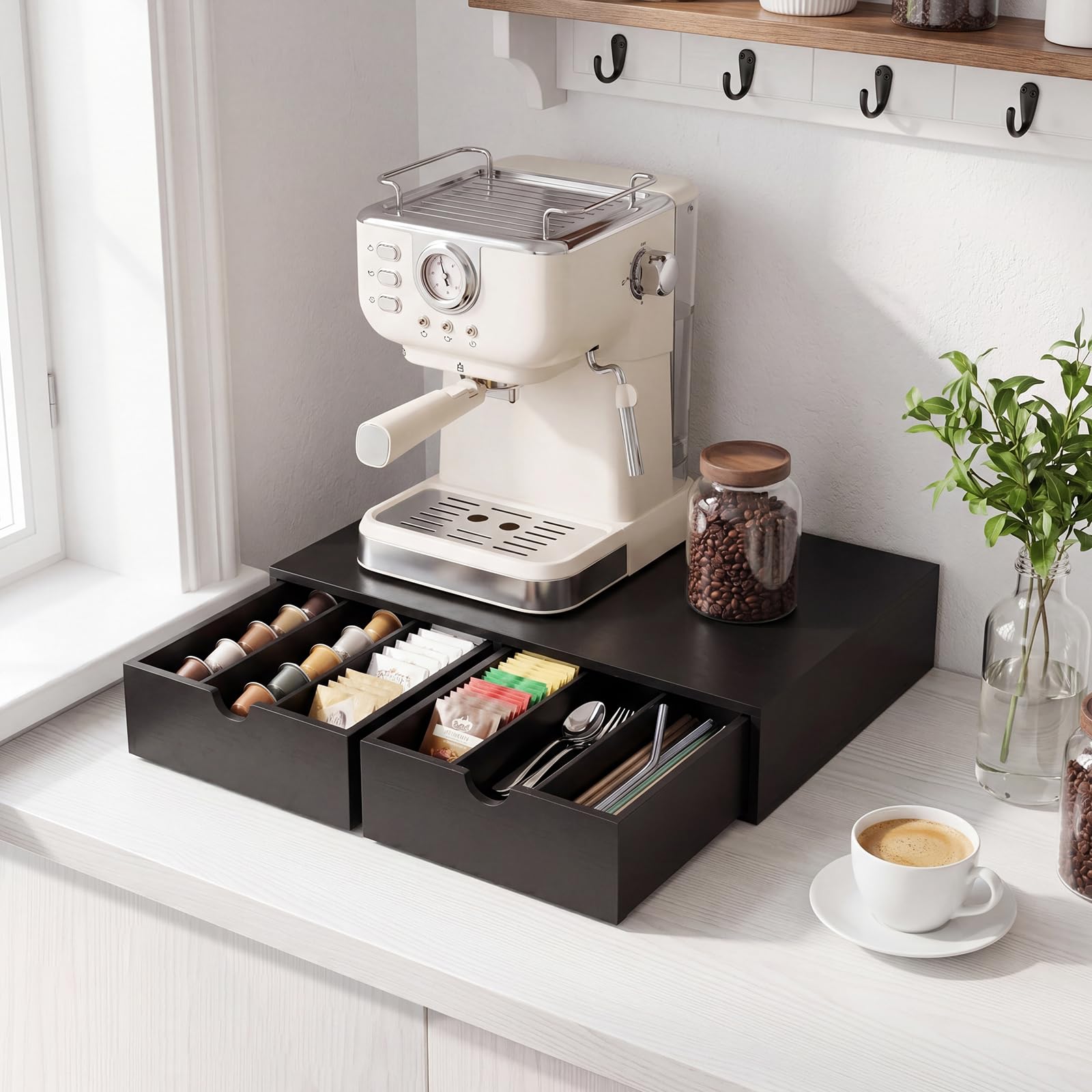 Cassetto porta cialde in legno, organizer per capsule di caffè, organizer per tazze da tè, 30 cialde, stazione da caffè da banco per supporto macchina, nero