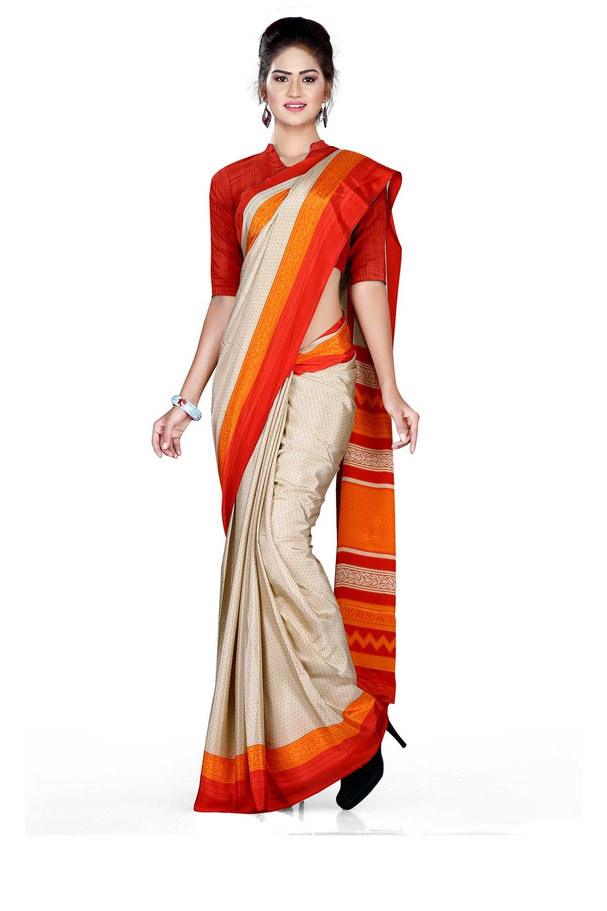 Uniform Sarees CorpWomen's Beige Red Silk Crepe Student Uniform Saree With Blouse Piece