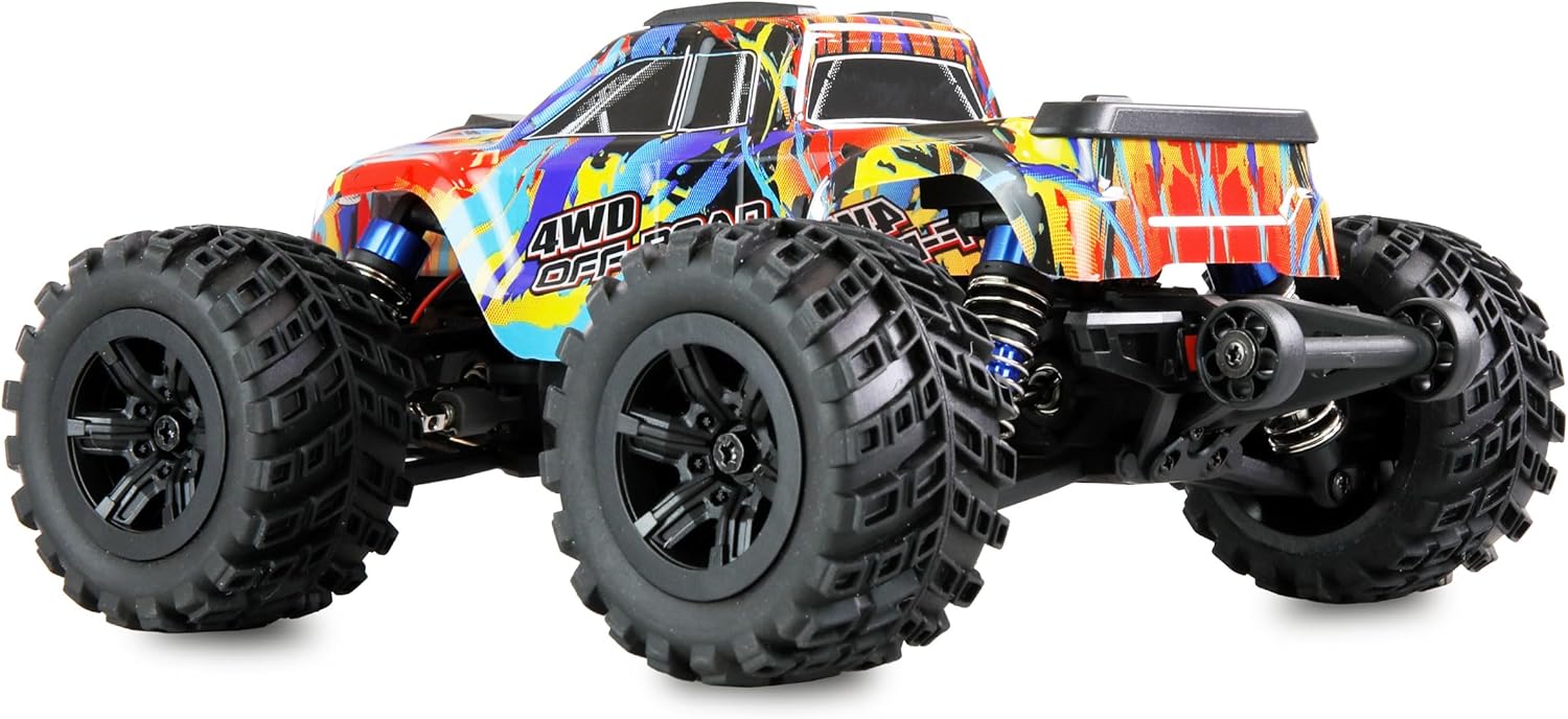Tilu perempat hareup view of the Amewi Hyper Go MTX20 Monster Truck, showing the front bumper and suspension.