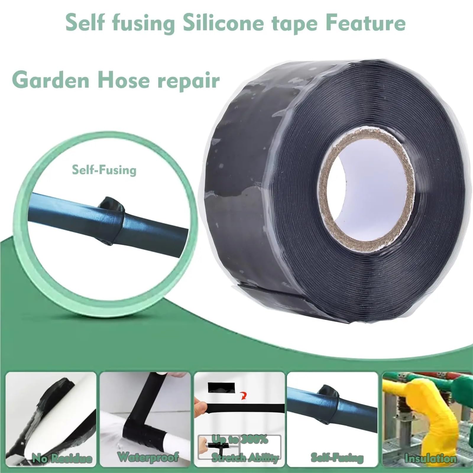 Nastro isolante sigillante in silicone autofusibil Nastro autofondente in silicone a prova di perdite multicolore 20 rotoli 1x10 piedi 0,5 mm(Black)