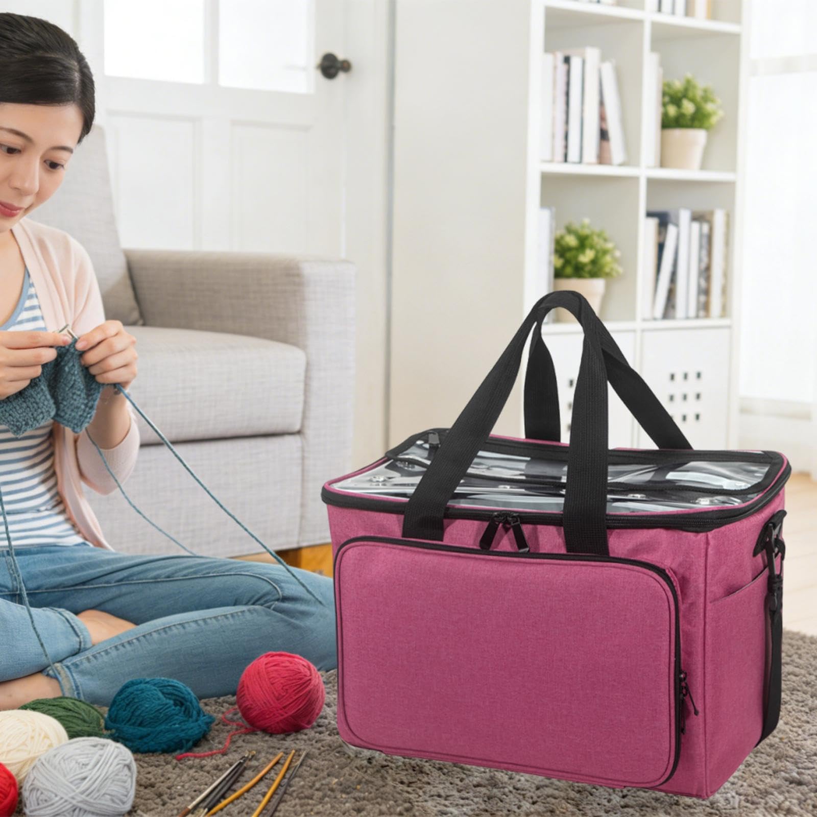 perfk Bolsa de Tejer, Bolsa de Crochet, Estuche para Hilo, Kit de Bordado, Aguja de Tejer, Accesorios para Manualidades, Crochet para Principiantes, Rosa Roja