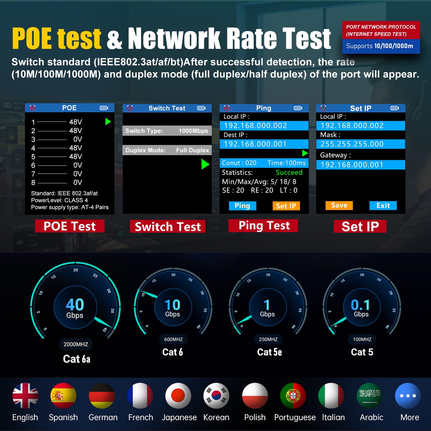 NF-8506 Netzwerkkabel-Tester mit IP-Scanner, Netzwertratentest, TDR/POE/Ping/CAT5 CAT6, Netzwerkkabel-Toner für RJ11, RJ45, LAN, Ethernet-Kabeltester, Telefonkabelfinder, professionelles