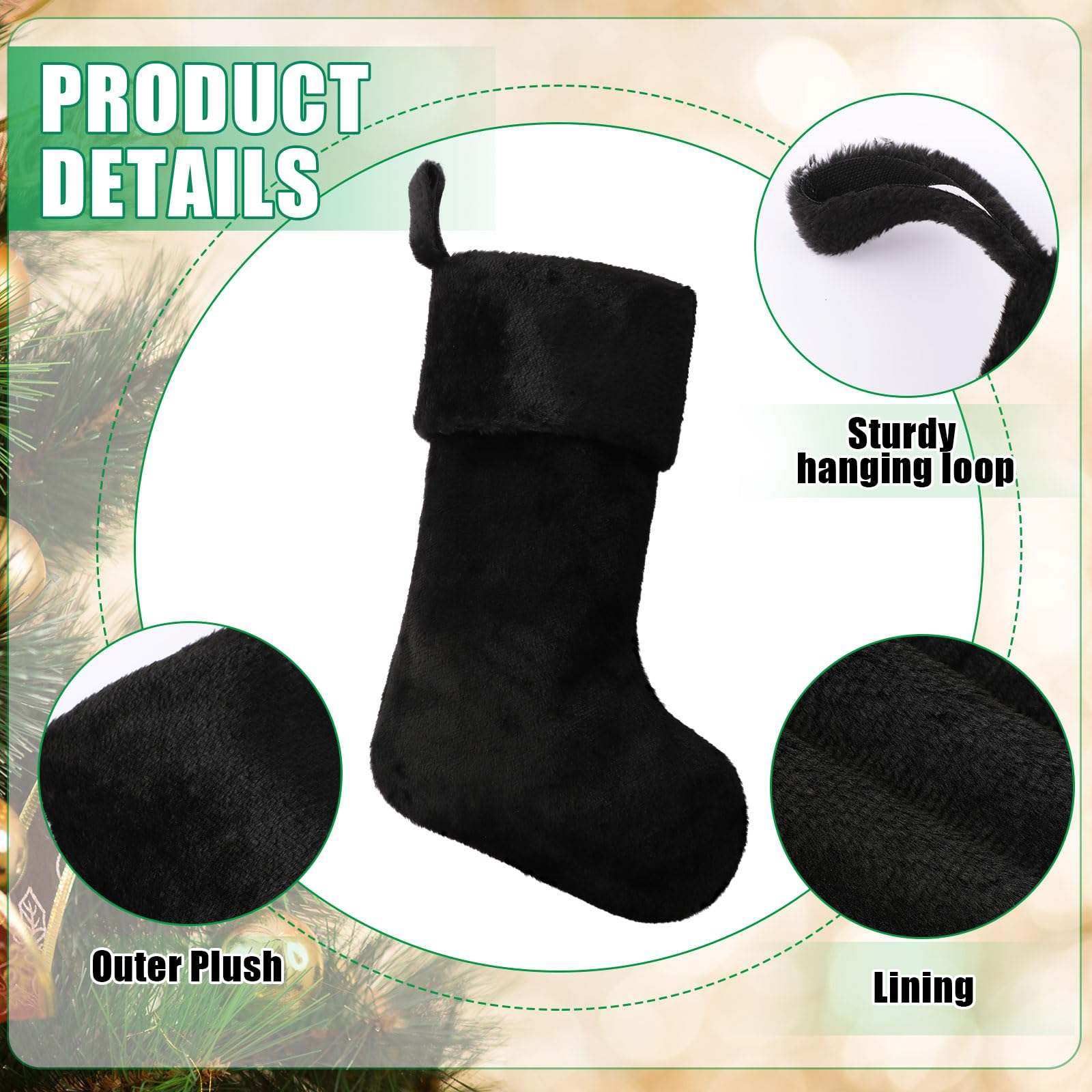 12 Stück schwarze Weihnachtsstrümpfe, 45,7 cm, große Weihnachtsstrümpfe, dicker Plüschstoff, hängende Strümpfe, schwarze Weihnachtsdekorationen für Weihnachten, Urlaub, Familie, Party, Baum,