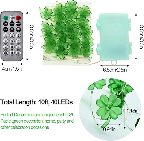 Miniatura 2 de Guirnalda de 40 luces LED decorativas para el día de San Patricio, trébol verde de cuatro hojas, funciona con pilas, control remoto para fiesta de
