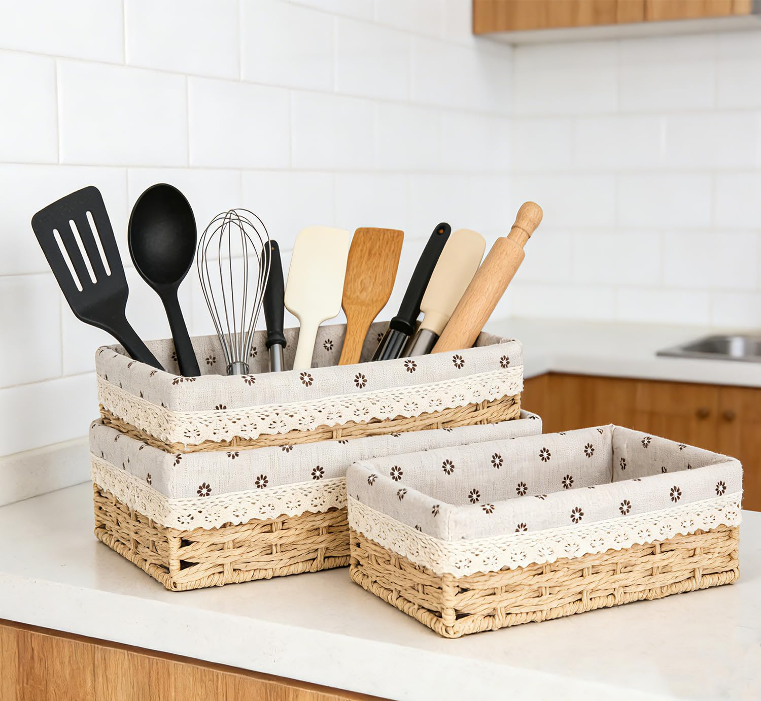 Set di 3 cestini per il pane grandi (35,31,27 cm) rettangolari in erba di mare, cestino intrecciato con inserto in cotone, cestino portaoggetti in robusto supporto in metallo, cestino per il pane