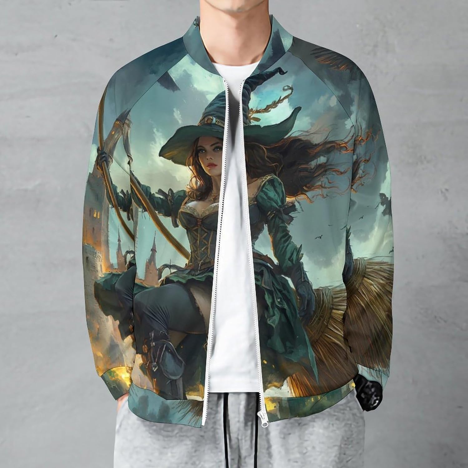 Witch Flying with A Broomstick Men's Zip Up Sweatshirt Casual Sweater Jackets Long Sleeve Tops Lightweight Coat